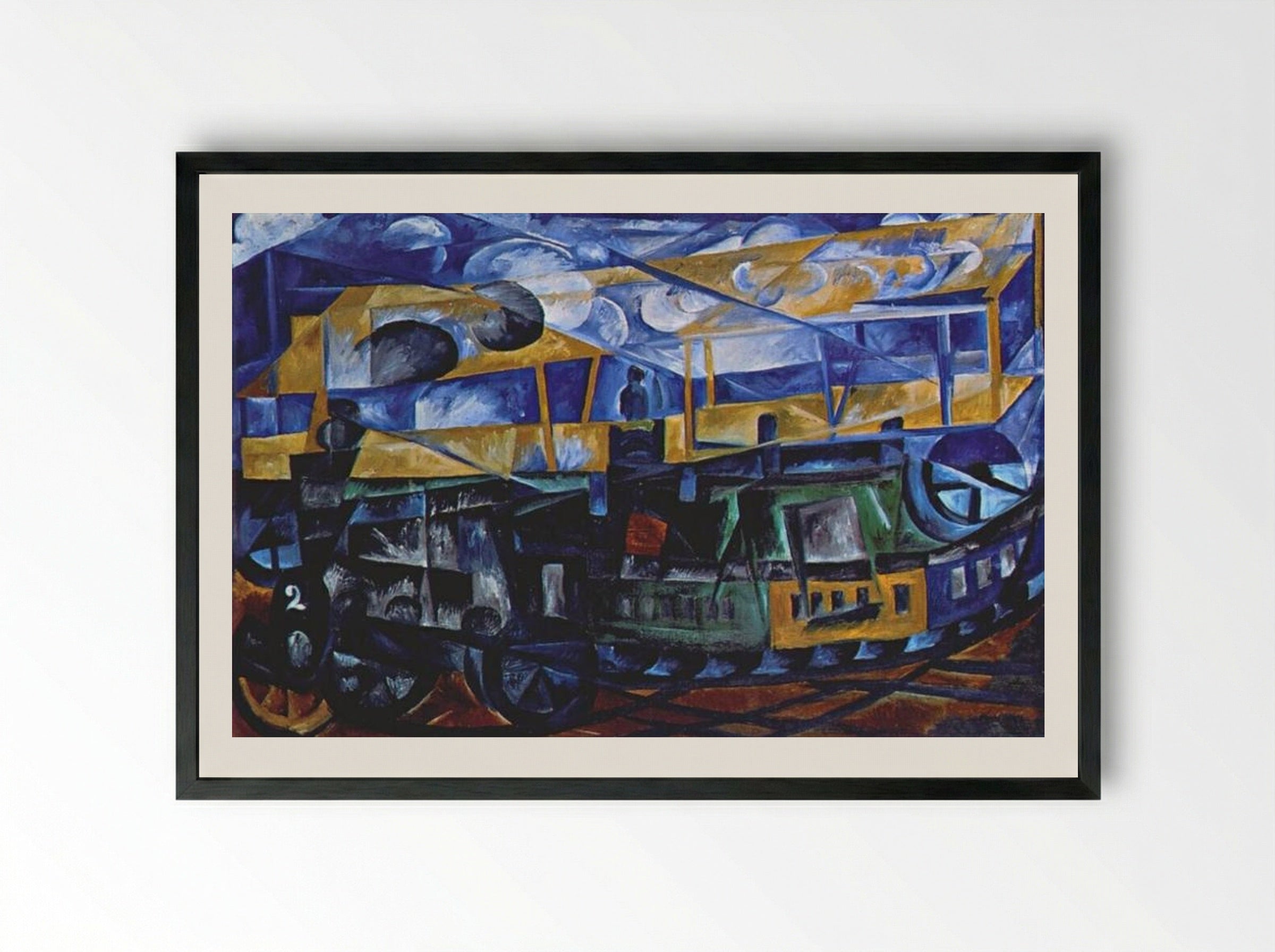 Airplane over train - Natalia Goncharova - Framed Print Black