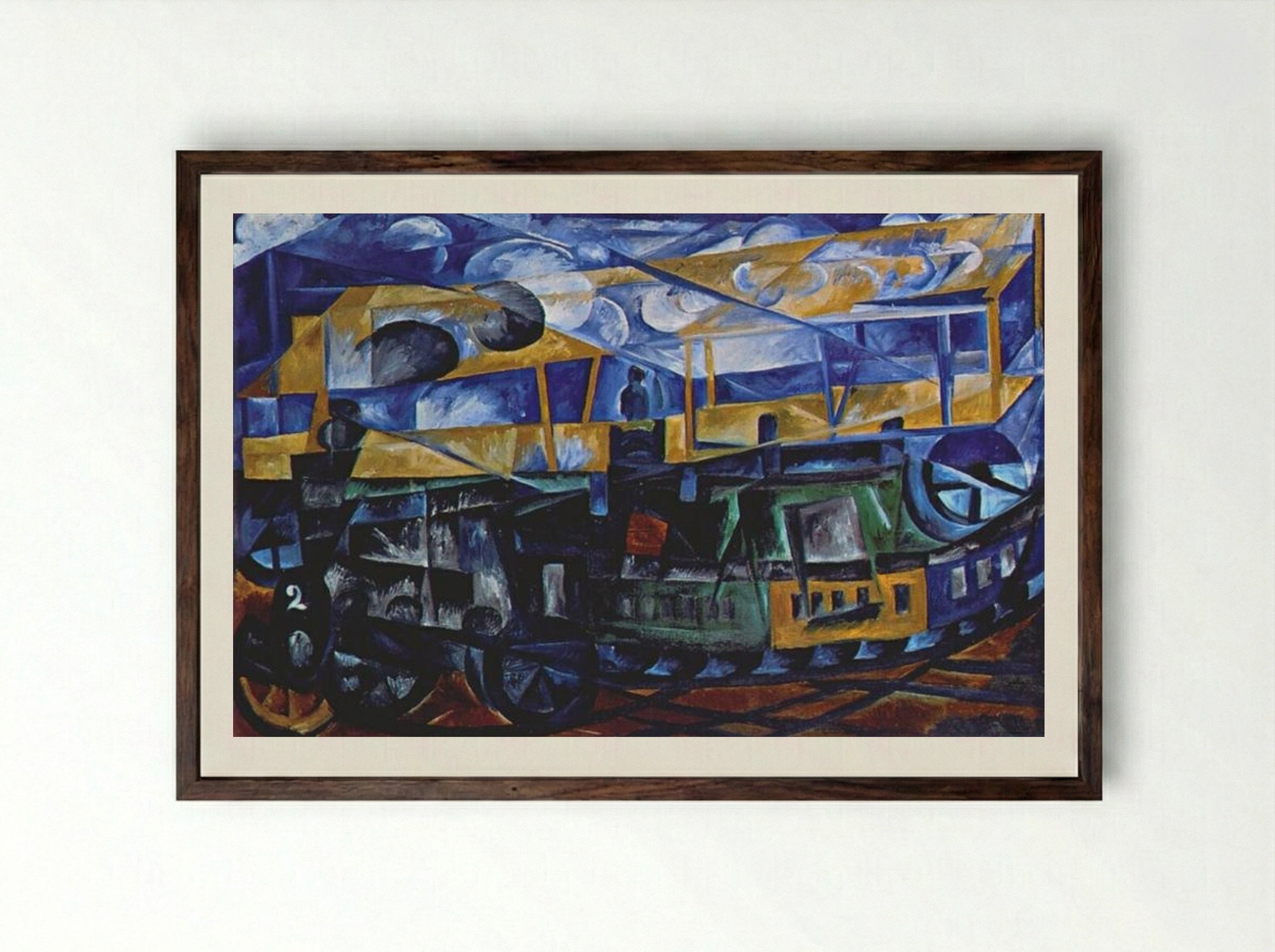 Airplane over train - Natalia Goncharova - Framed Print Dark Wood
