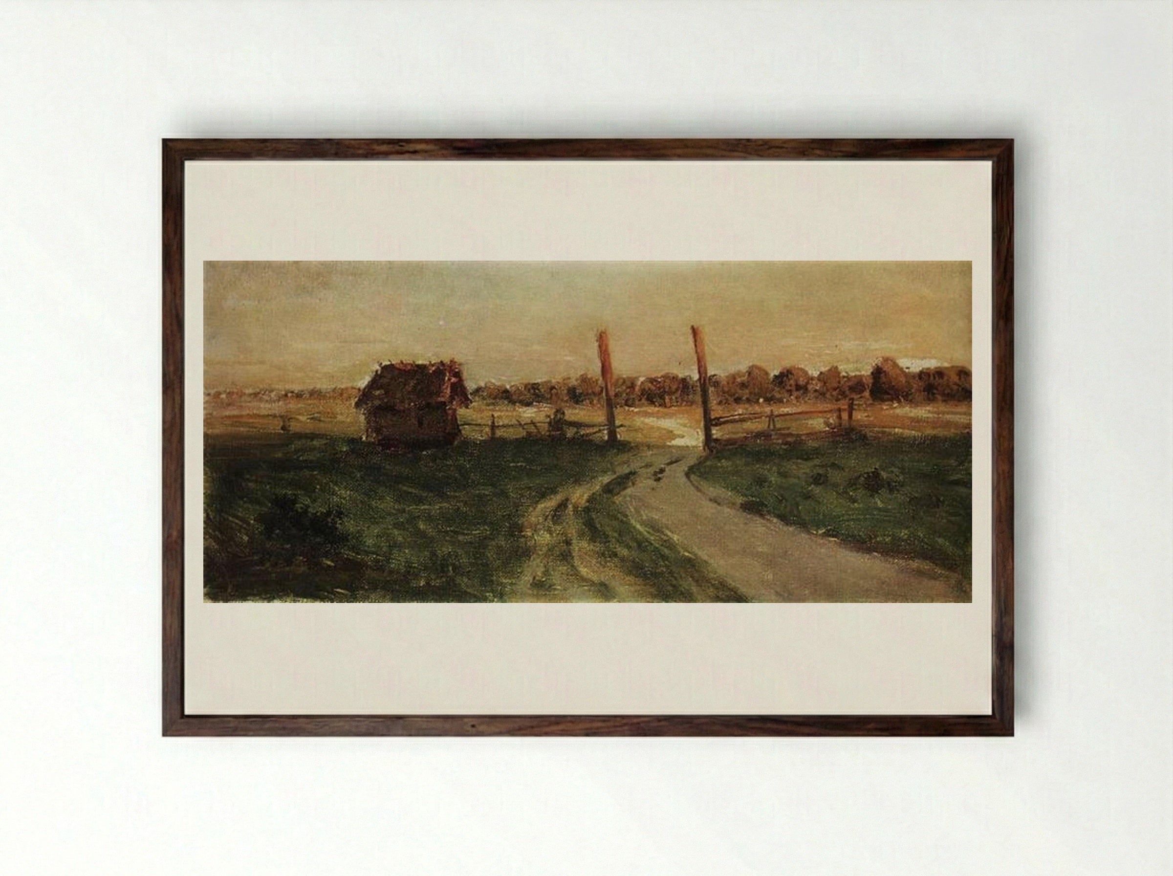 Landscape with an isba - Isaac Levitan - Framed Print Dark Wood