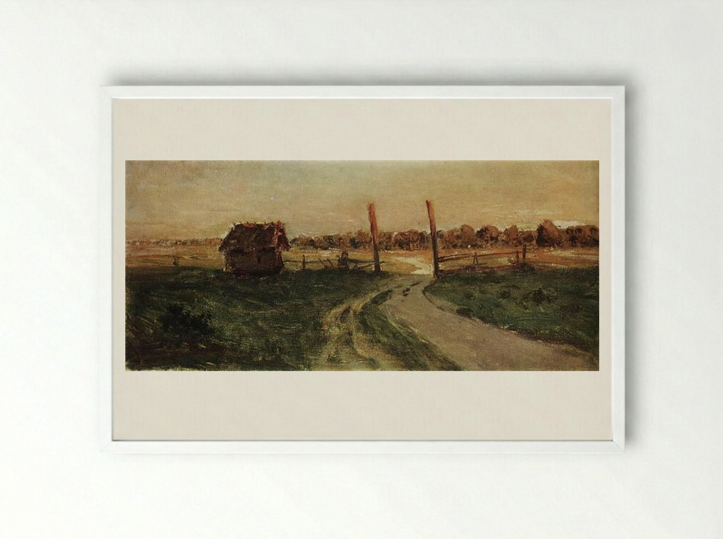 Landscape with an isba - Isaac Levitan - Framed Print White