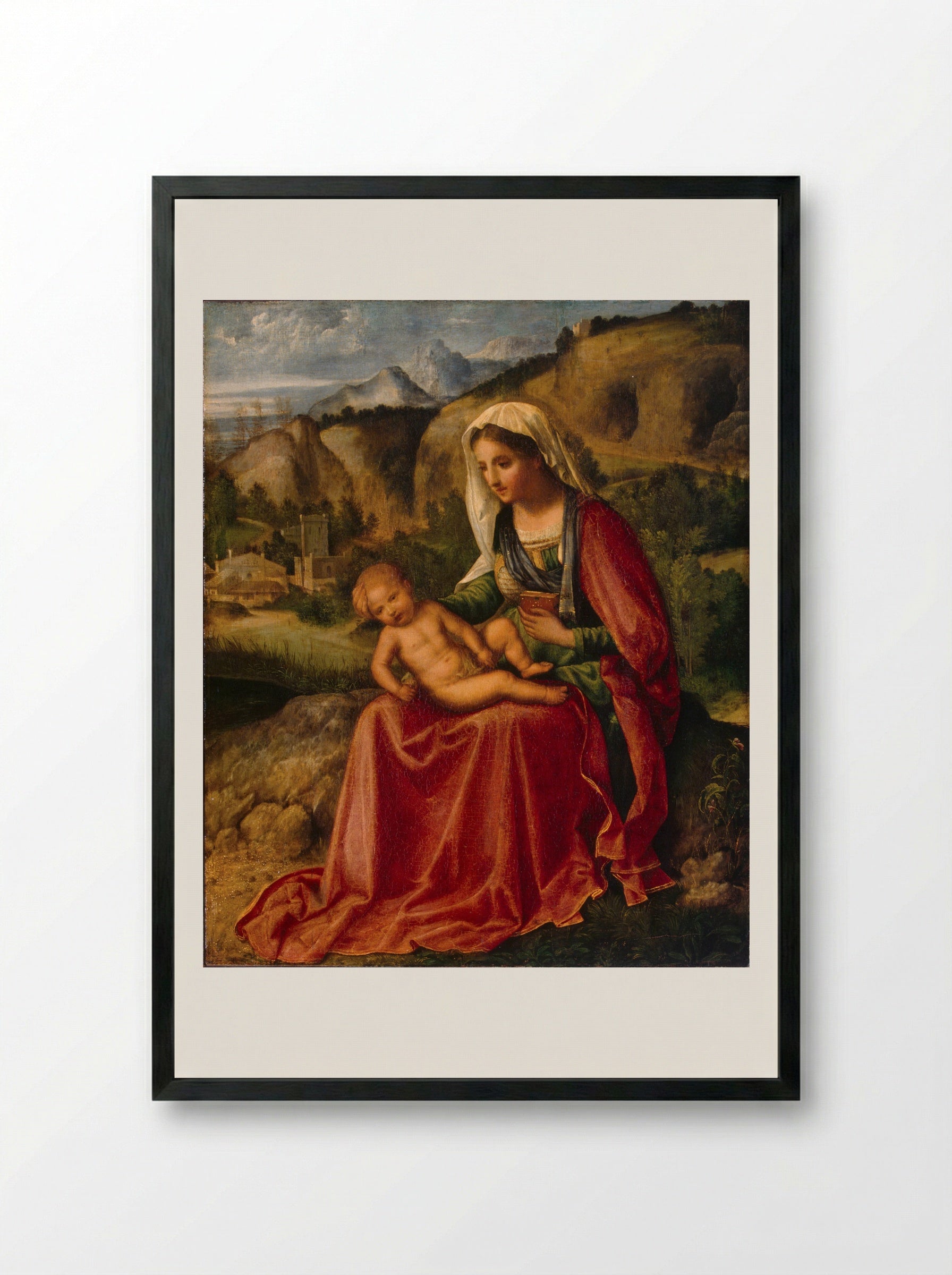 Madonna and Child in a Landscape - Giorgione - Framed Print Black