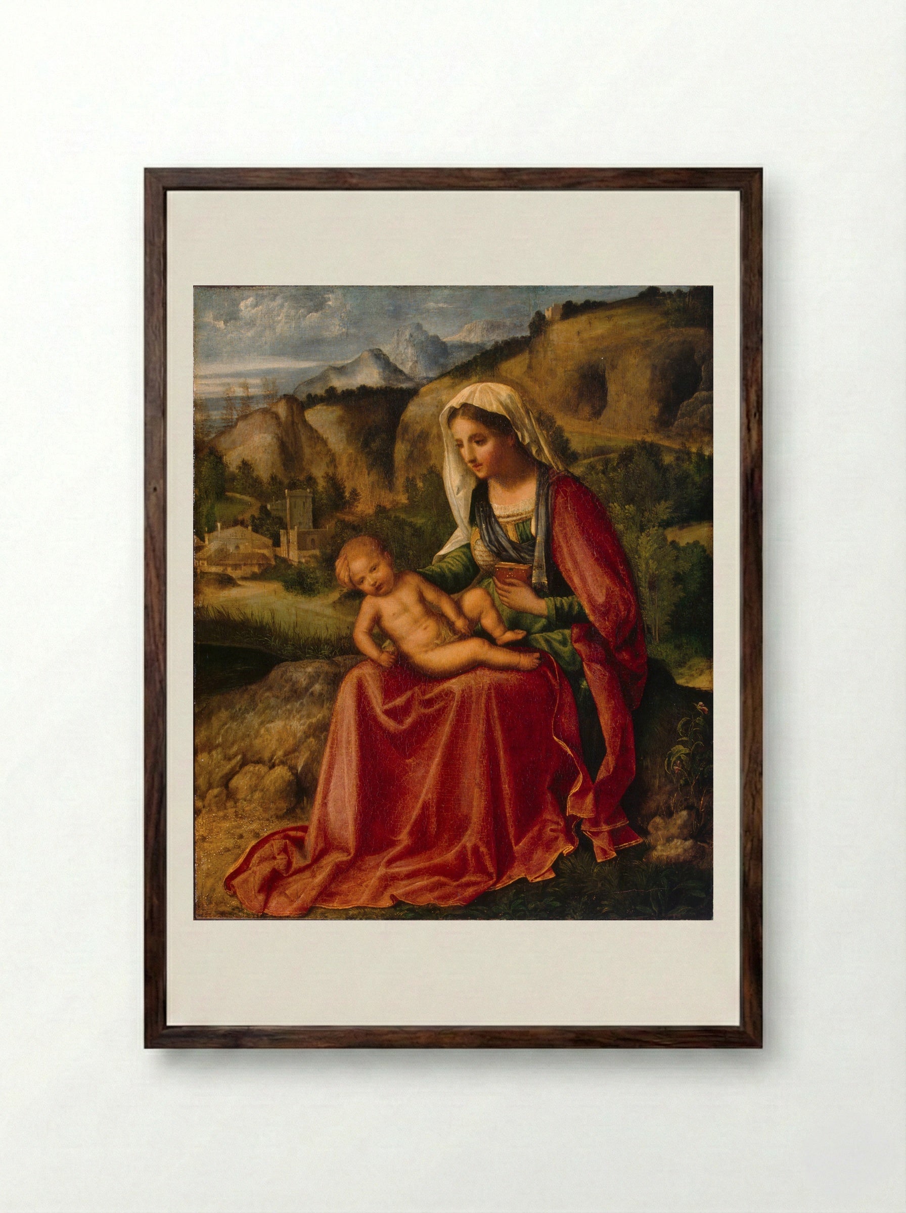Madonna and Child in a Landscape - Giorgione - Framed Print Dark Wood