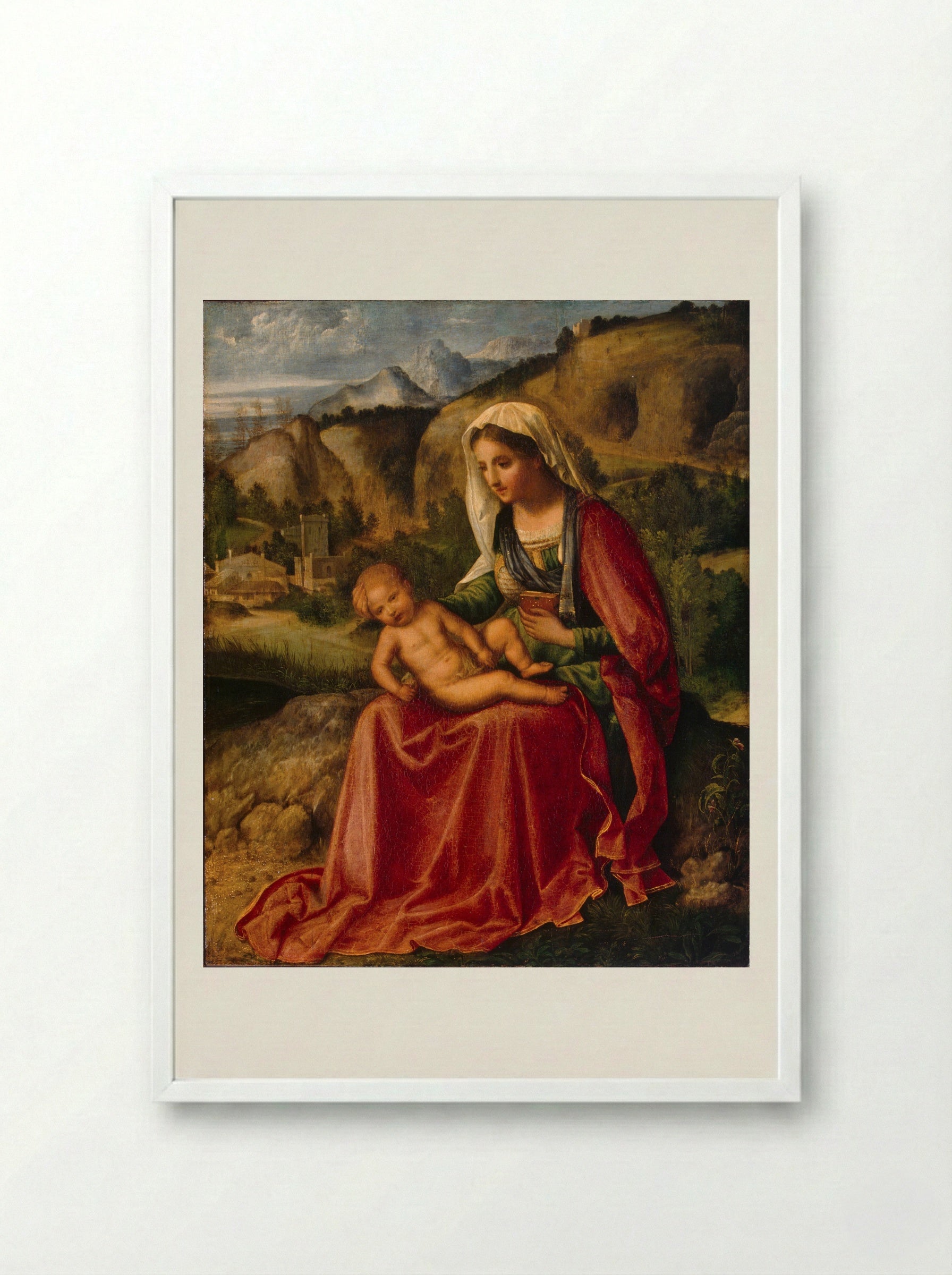 Madonna and Child in a Landscape - Giorgione - Framed Print White