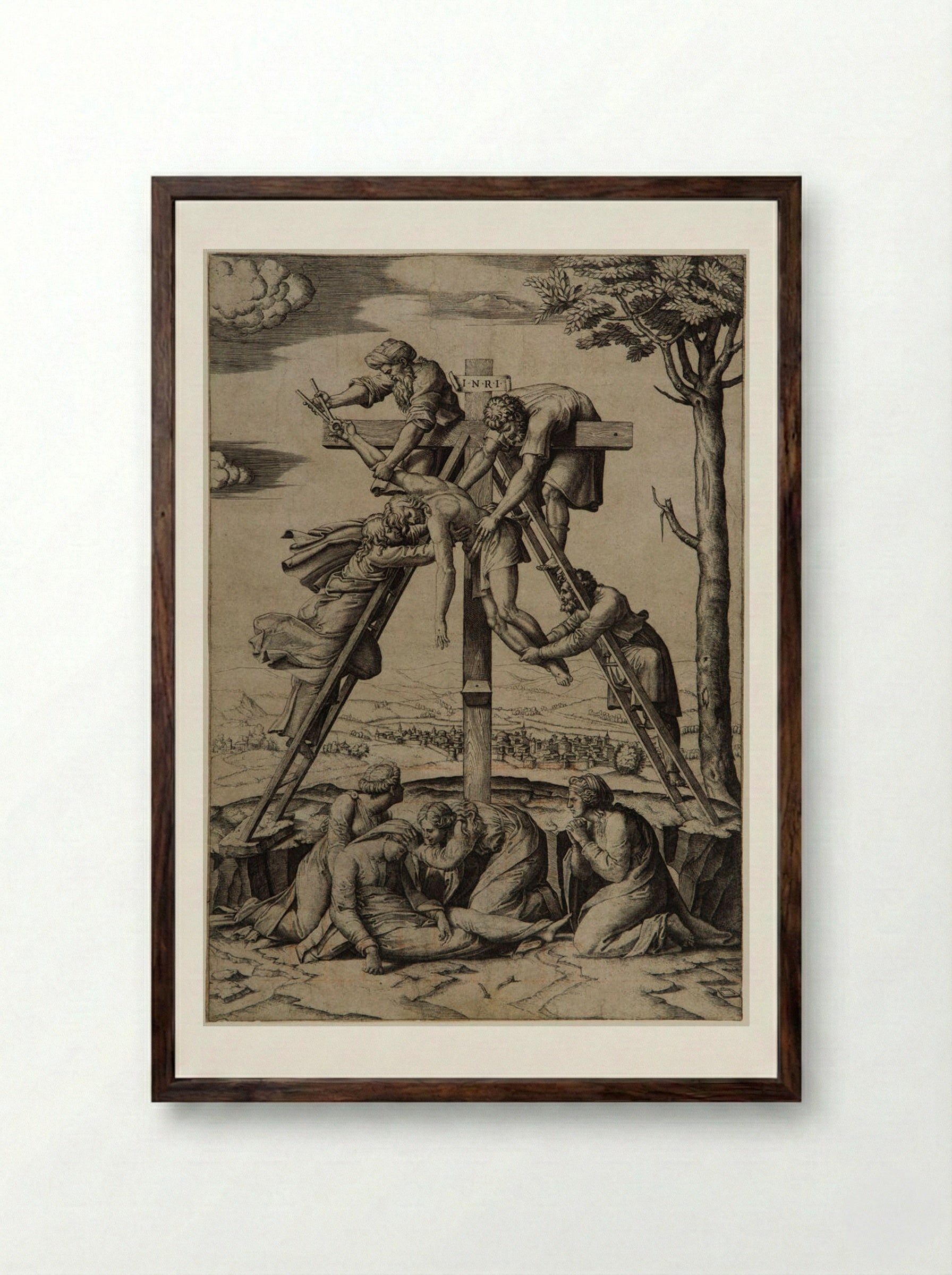 The Deposition from the Cross - Marcantonio Raimondi - Framed Print Dark Wood