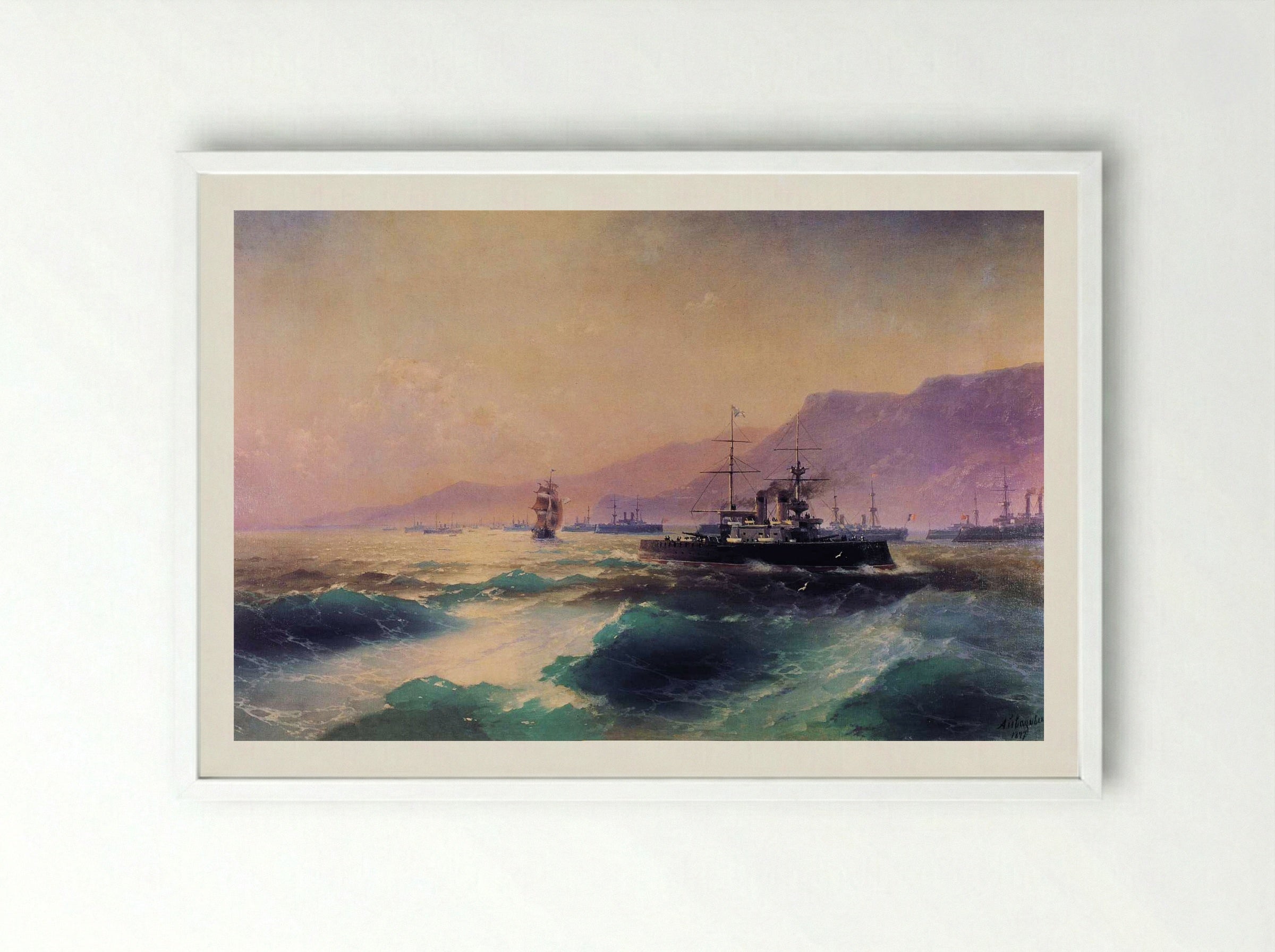 Gunboat off Crete - Ivan Aivazovsky - Framed Print White