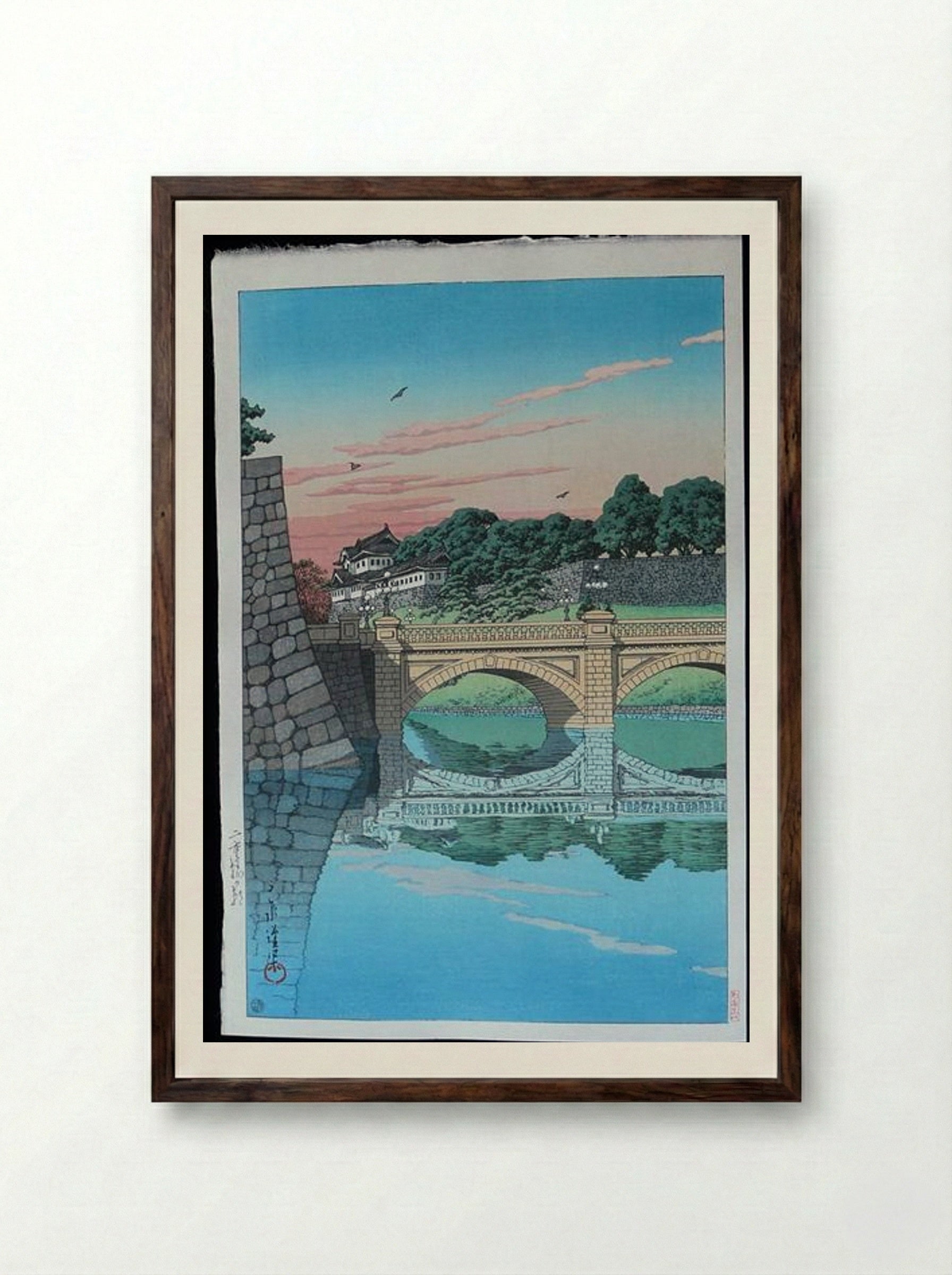Morning at Nijubashi Bridge - Hasui Kawase - Framed Print Dark Wood