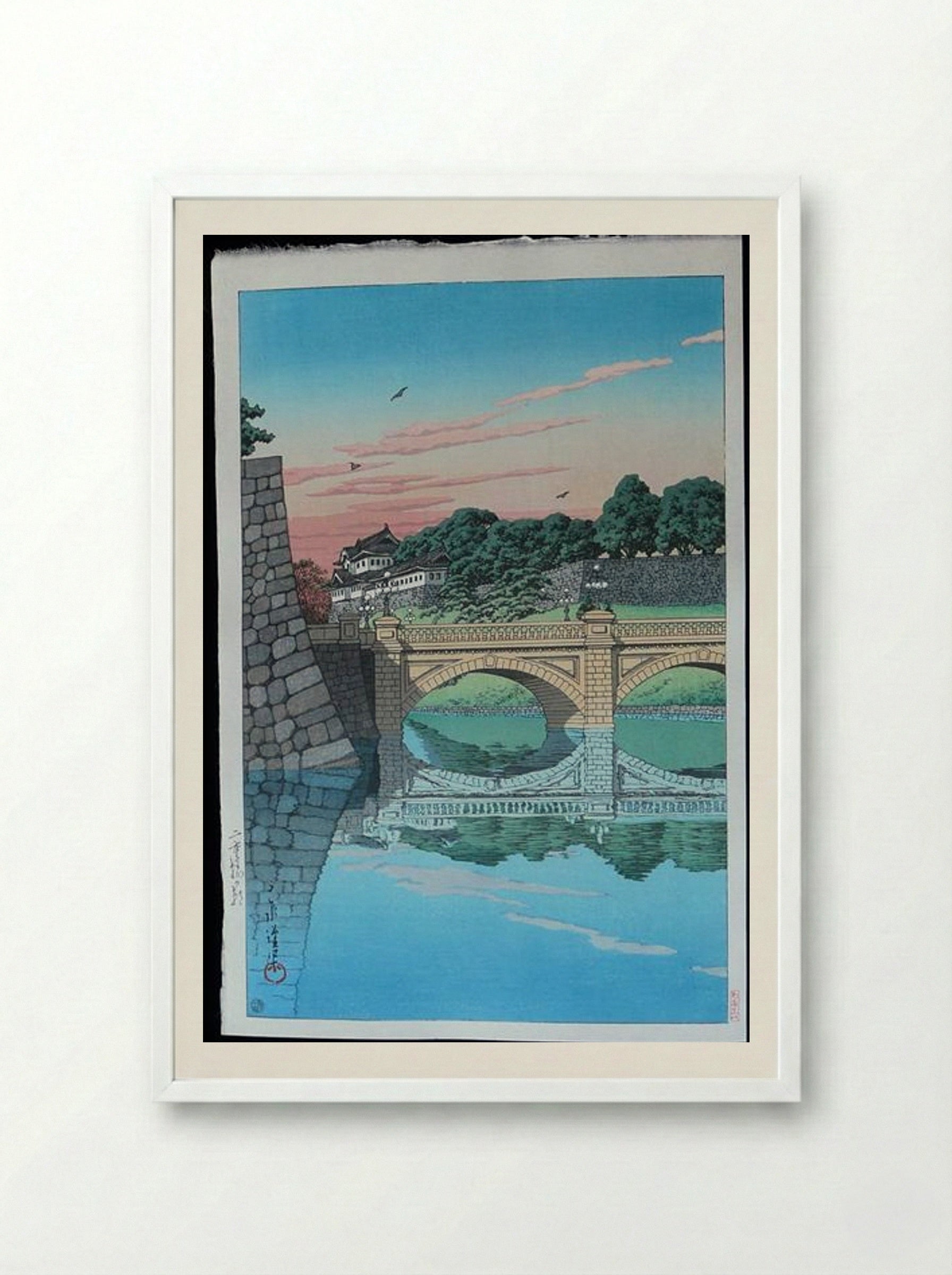 Morning at Nijubashi Bridge - Hasui Kawase - Framed Print White
