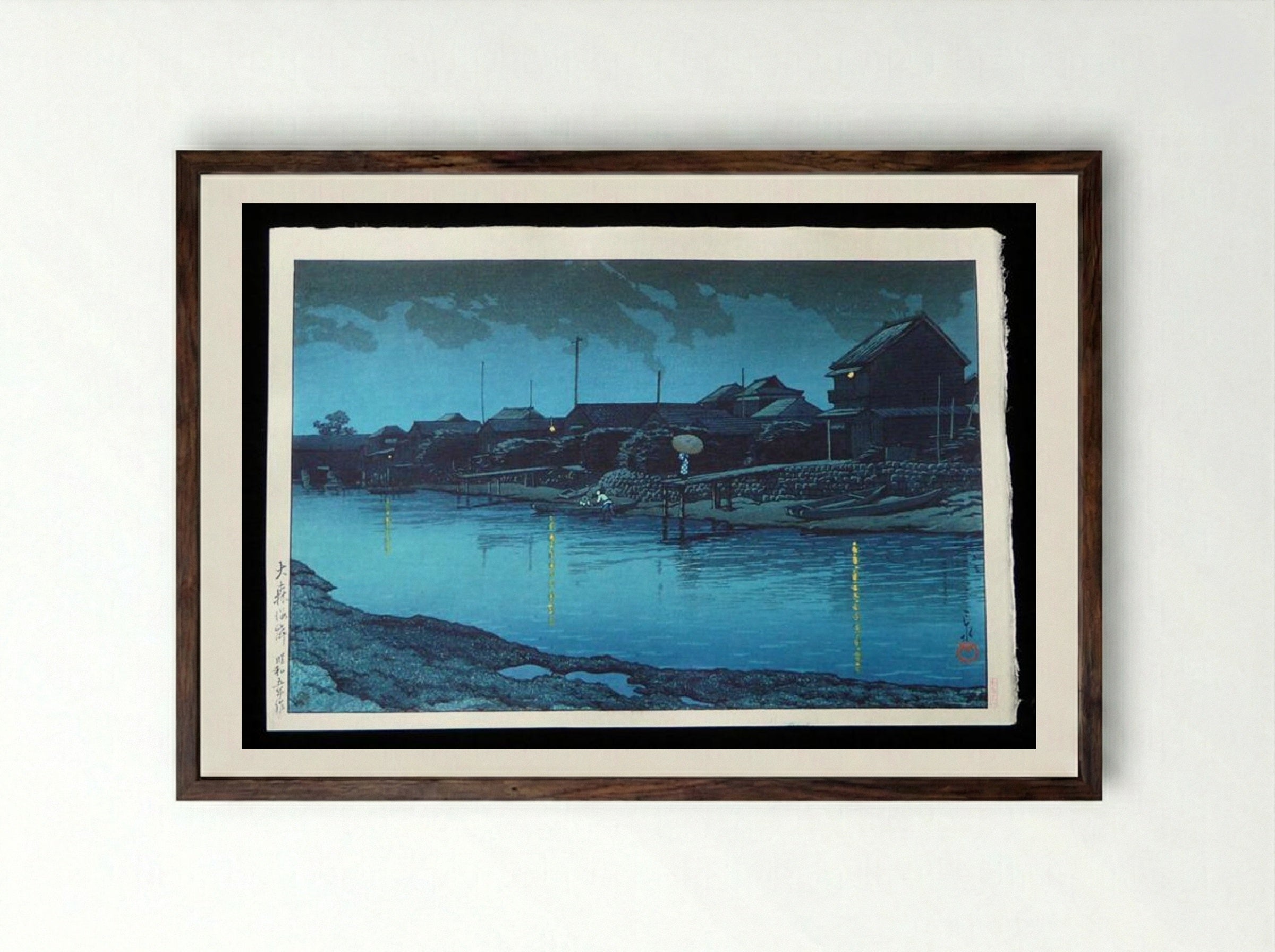 Omori Beach at Night - Hasui Kawase - Framed Print Dark Wood