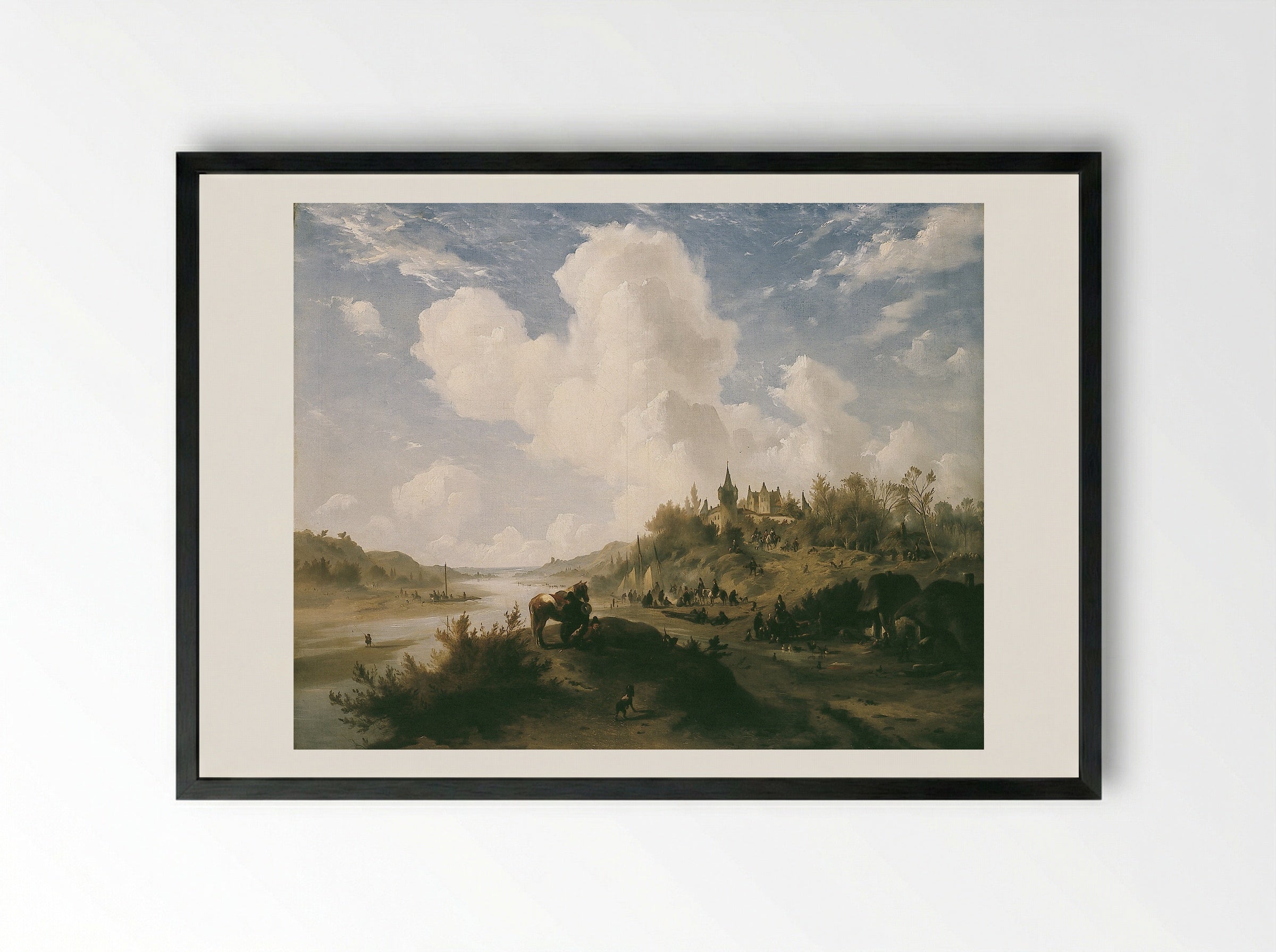 River Scene with Figures and Castle - Johannes Tavenraat - Framed Print Black