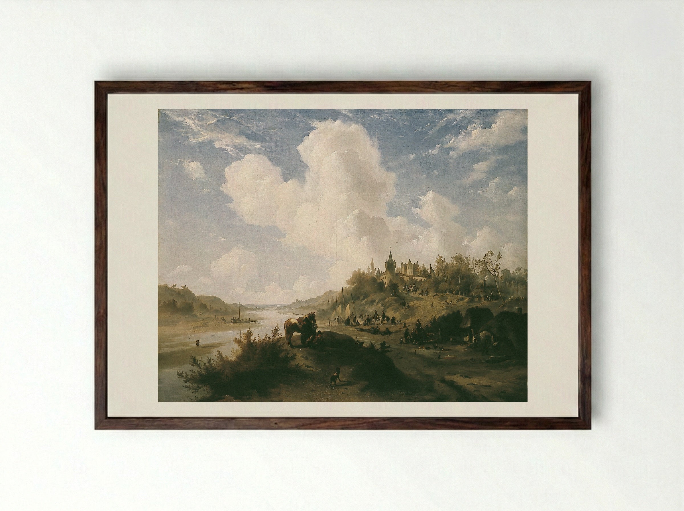 River Scene with Figures and Castle - Johannes Tavenraat - Framed Print Dark Wood