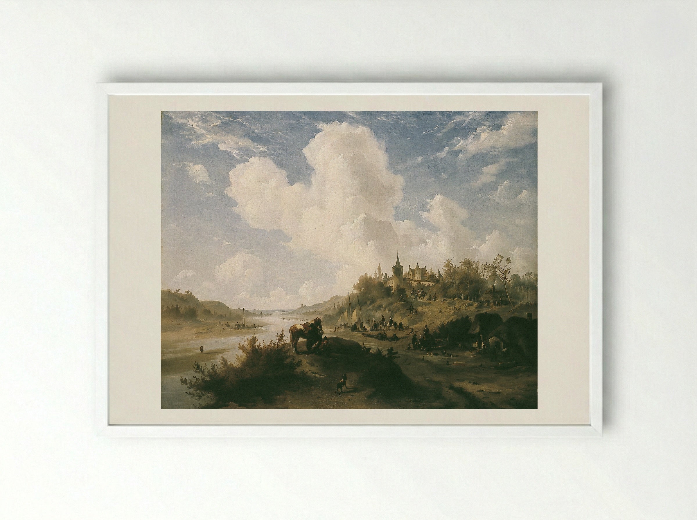 River Scene with Figures and Castle - Johannes Tavenraat - Framed Print White