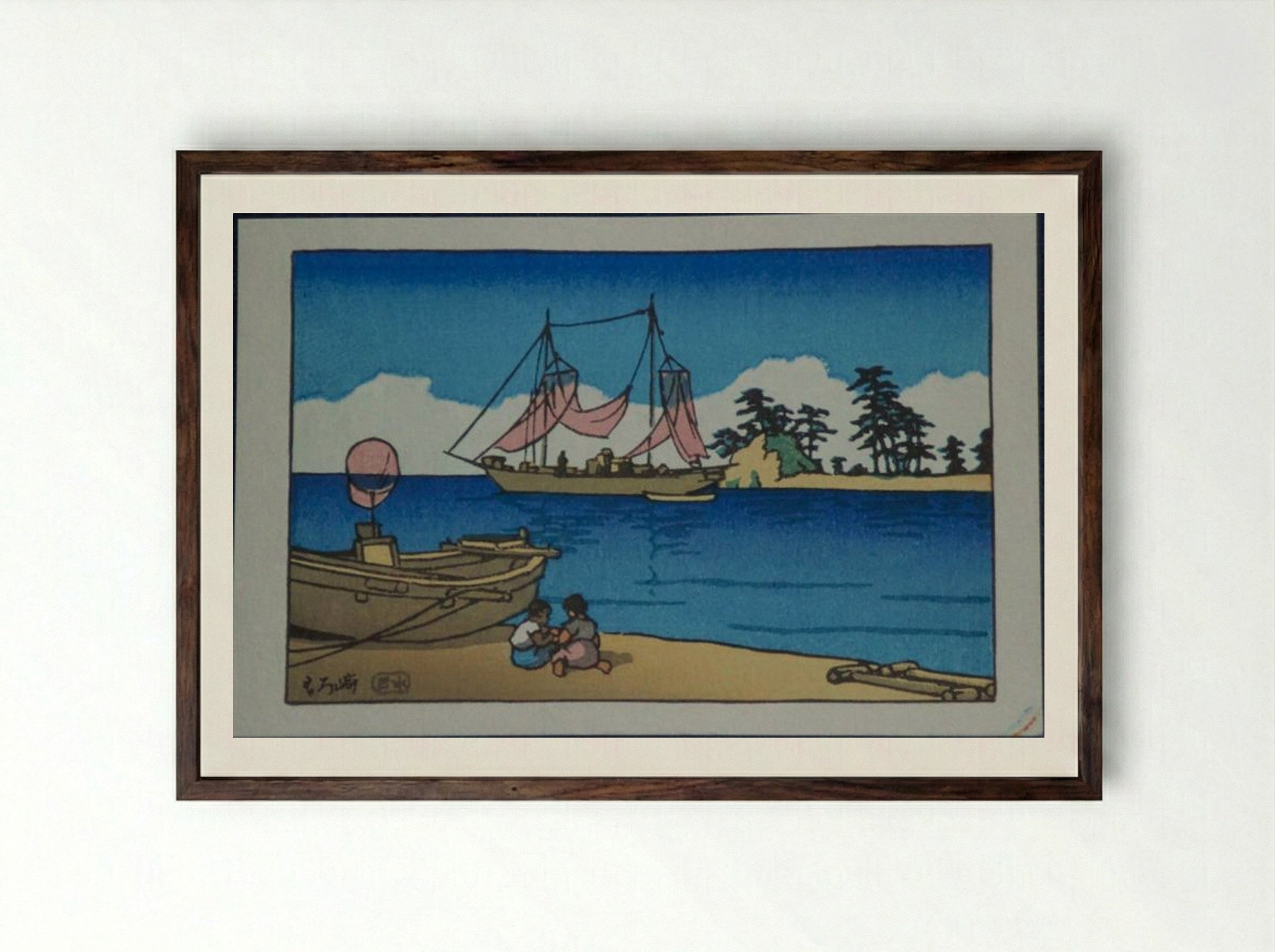 Children at the Seaside - Hasui Kawase - Framed Print Dark Wood