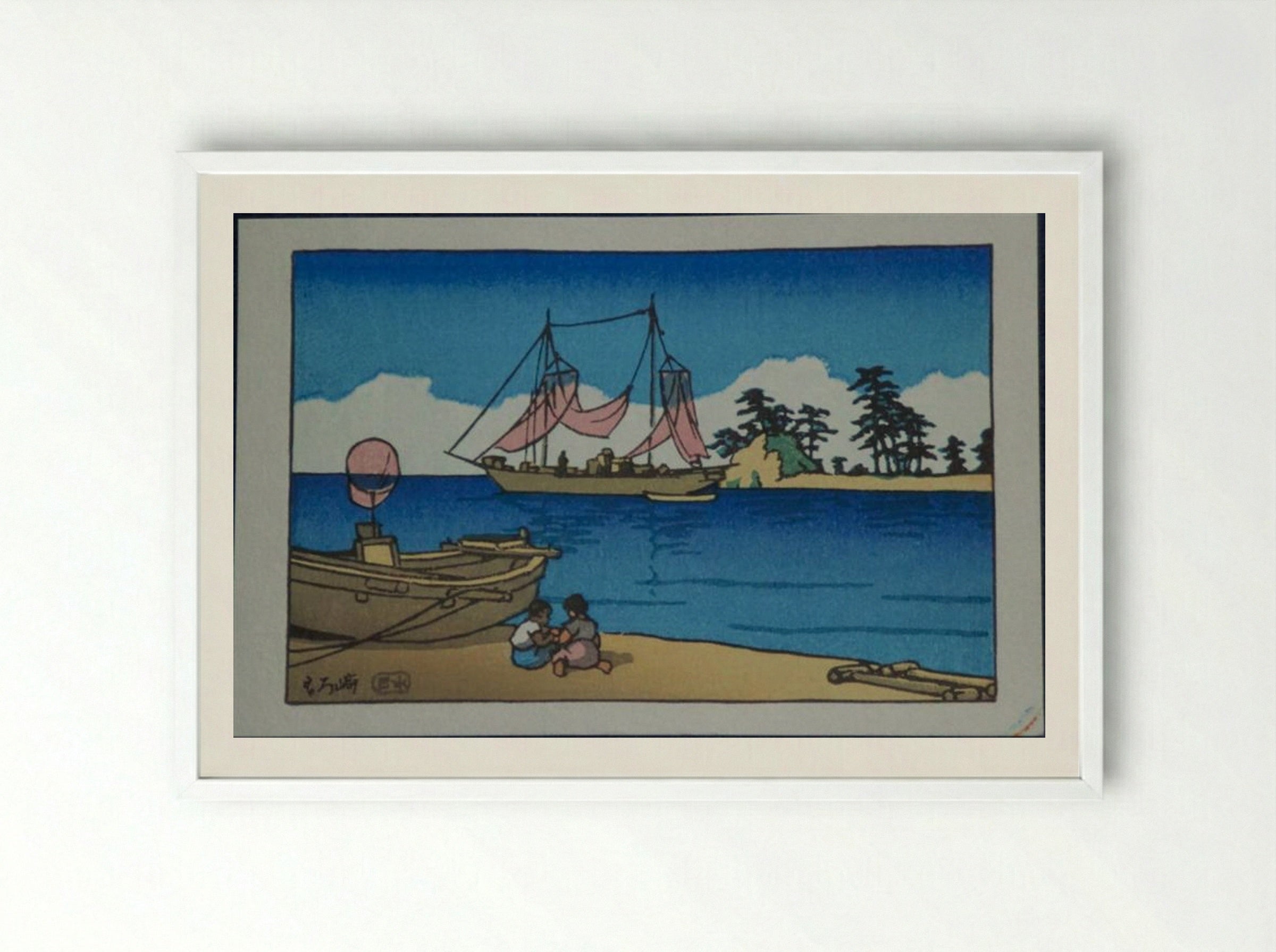 Children at the Seaside - Hasui Kawase - Framed Print White