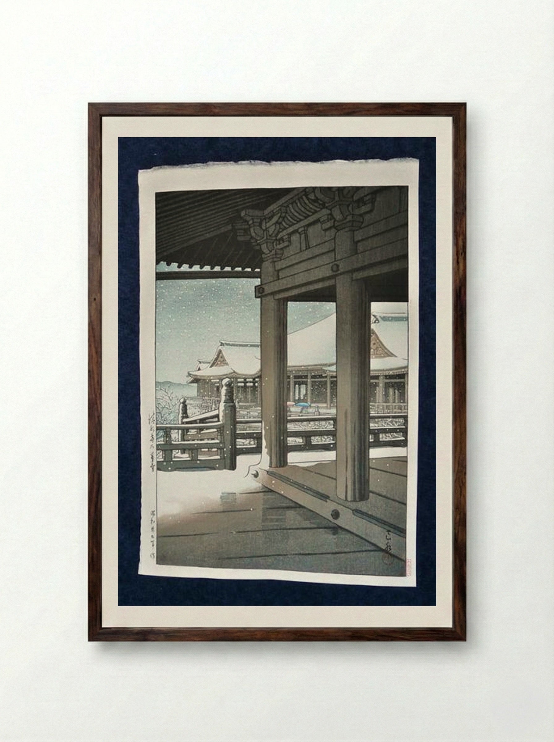 Snow Fall at Kiyomizu Temple, Kyoto - Hasui Kawase - Framed Print Dark Wood