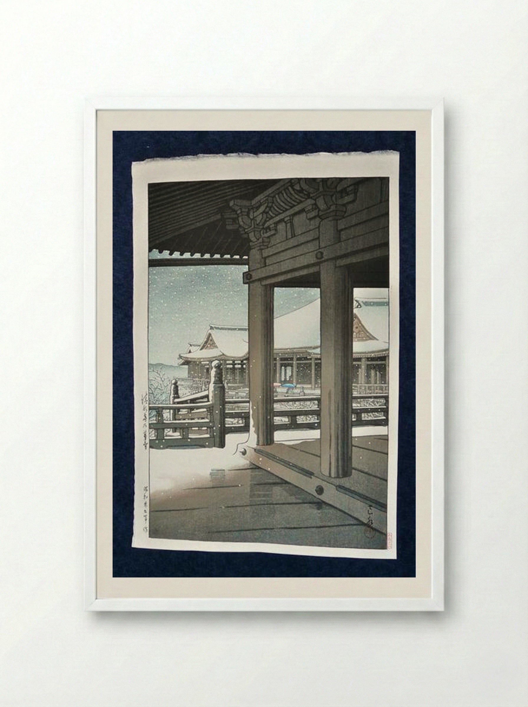 Snow Fall at Kiyomizu Temple, Kyoto - Hasui Kawase - Framed Print White