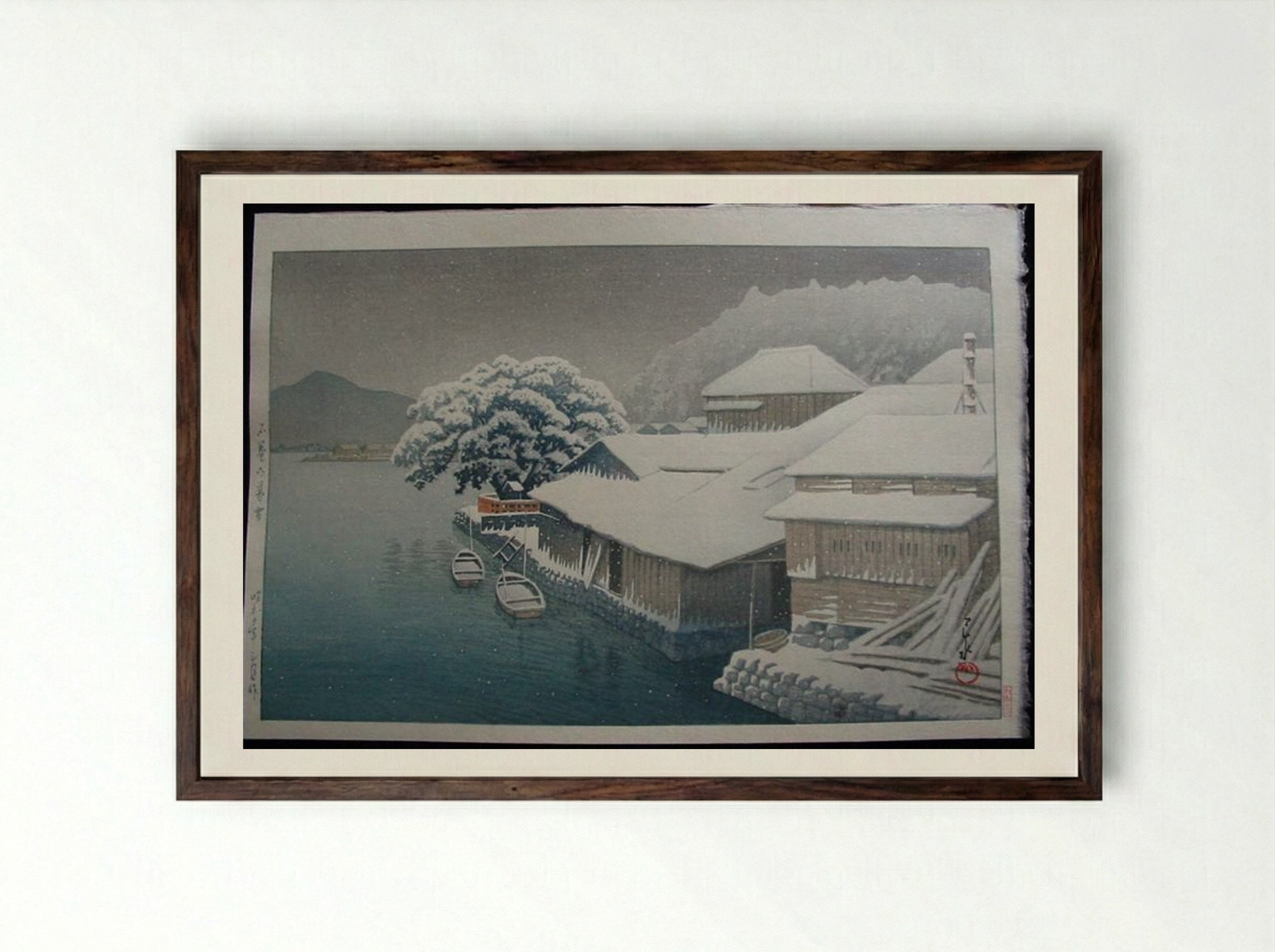 Snow at Ishinomaki - Hasui Kawase - Framed Print Dark Wood