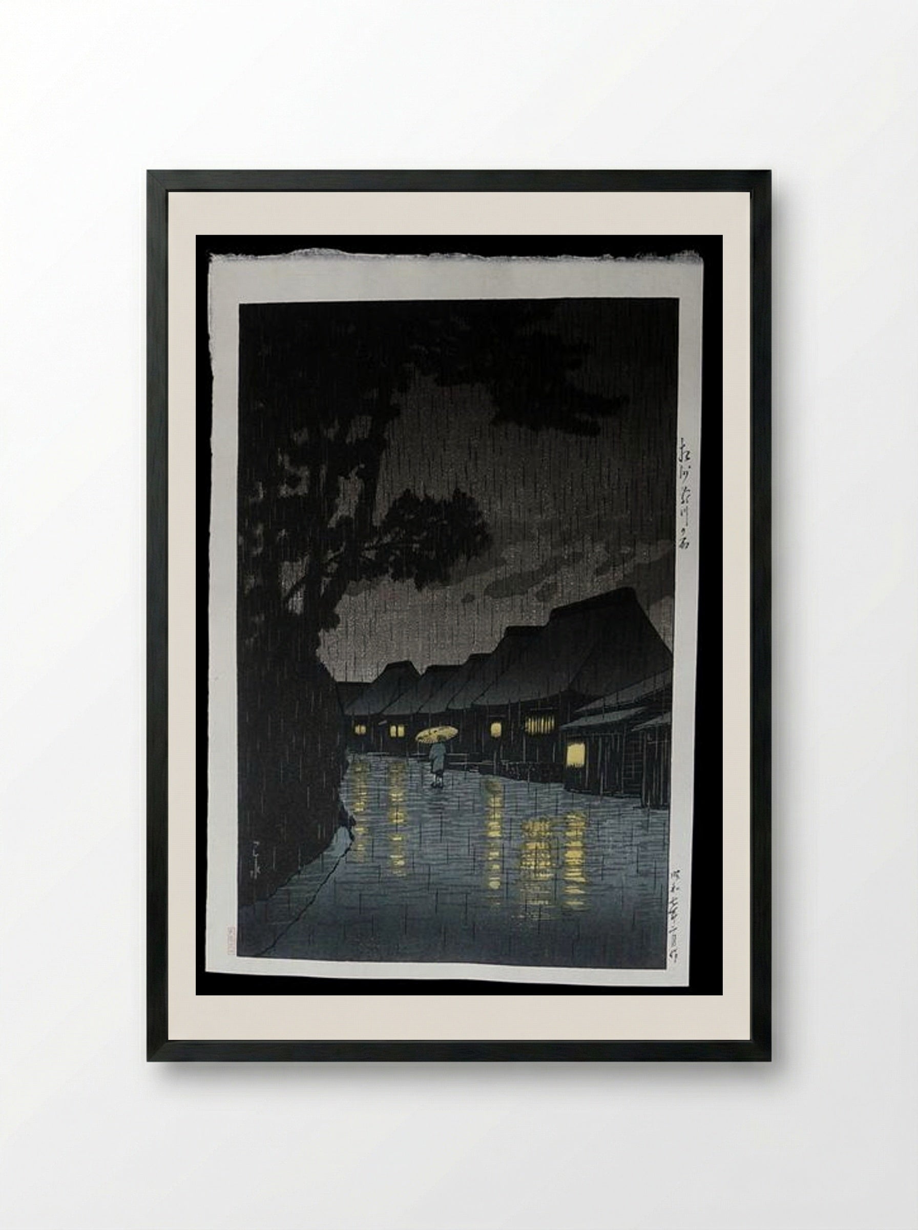 Rainy Night at Maekawa - Hasui Kawase - Framed Print Black