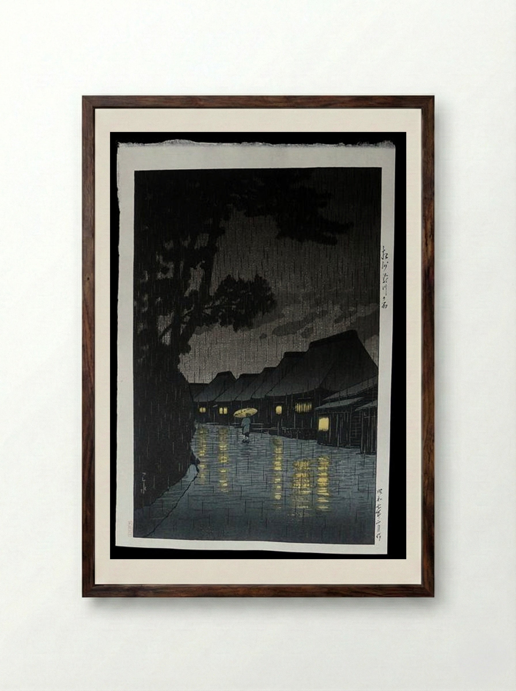 Rainy Night at Maekawa - Hasui Kawase - Framed Print Dark Wood