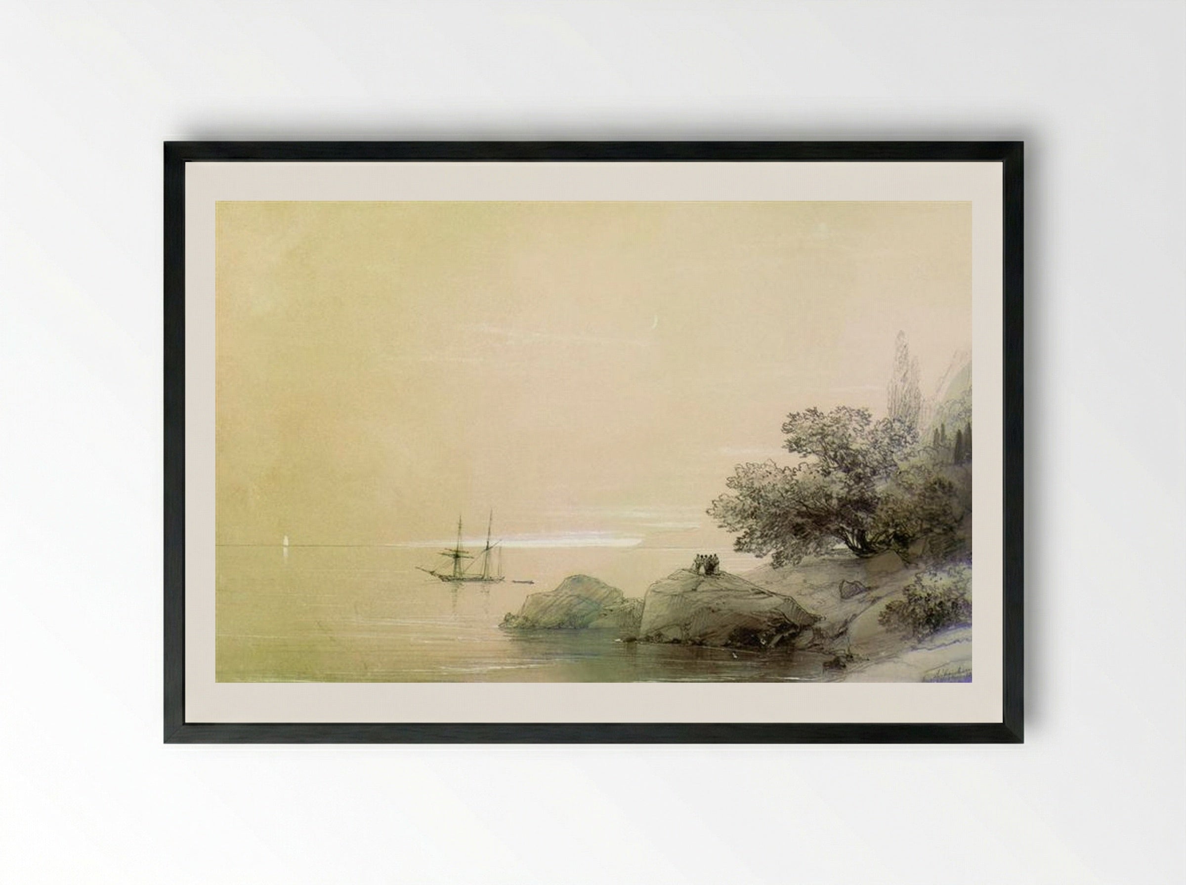 Sea against a rocky shore - Ivan Aivazovsky - Framed Print Black