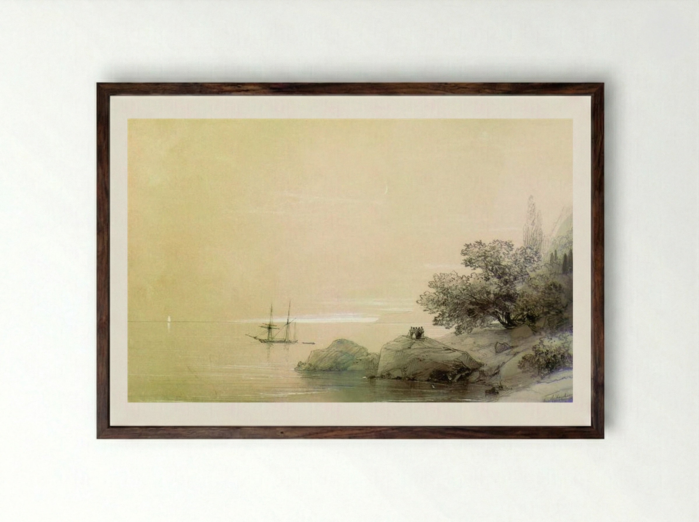 Sea against a rocky shore - Ivan Aivazovsky - Framed Print Dark Wood