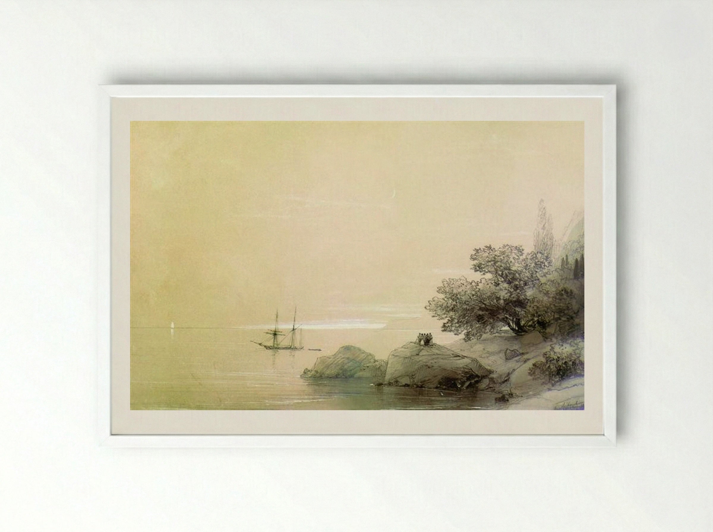 Sea against a rocky shore - Ivan Aivazovsky - Framed Print White