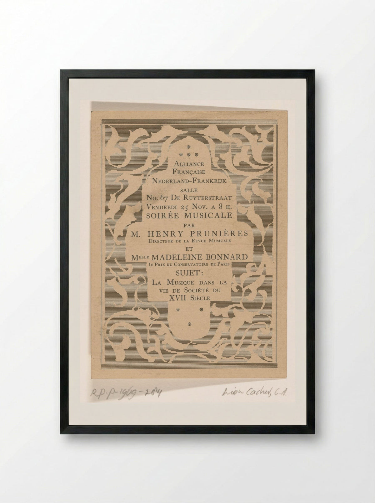 Aankondiging voor muziekavond van de Alliance Française - Carel Adolph Lion Cachet - Framed Print Black