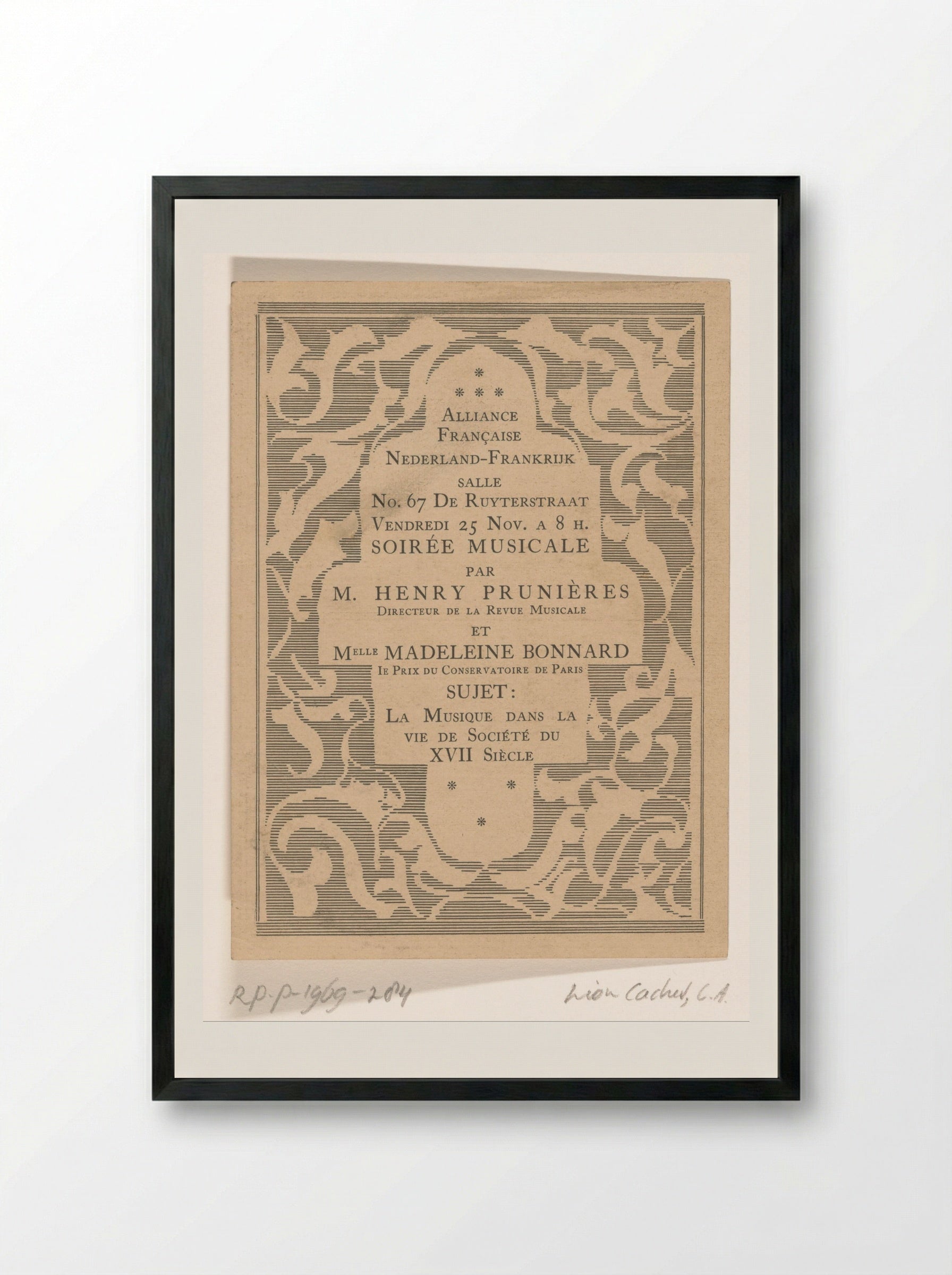 Aankondiging voor muziekavond van de Alliance Française - Carel Adolph Lion Cachet - Framed Print Black