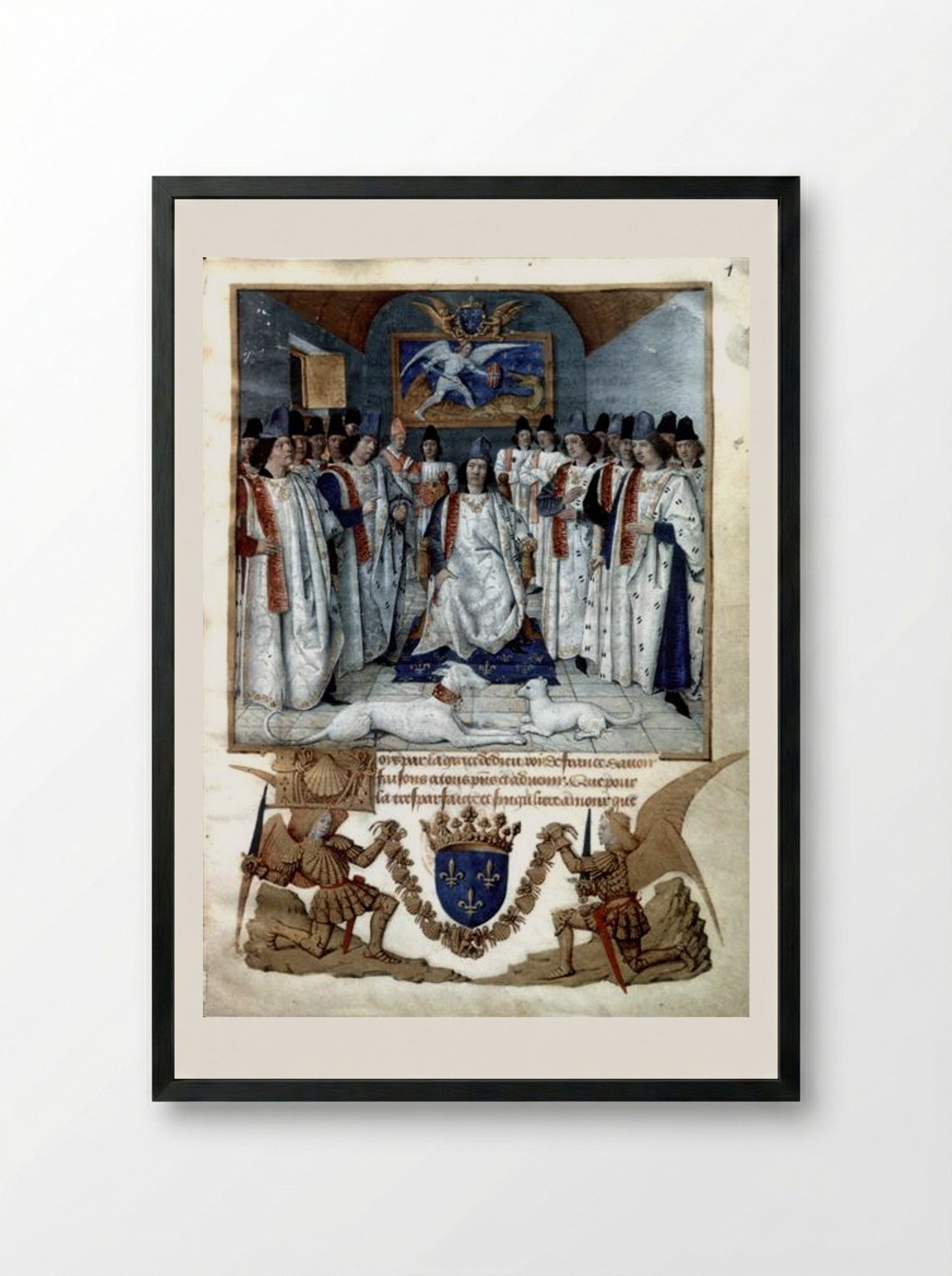 Louis XI presiding over the Chapter of the Order of Saint Michael - Jean Fouquet - Framed Print Black