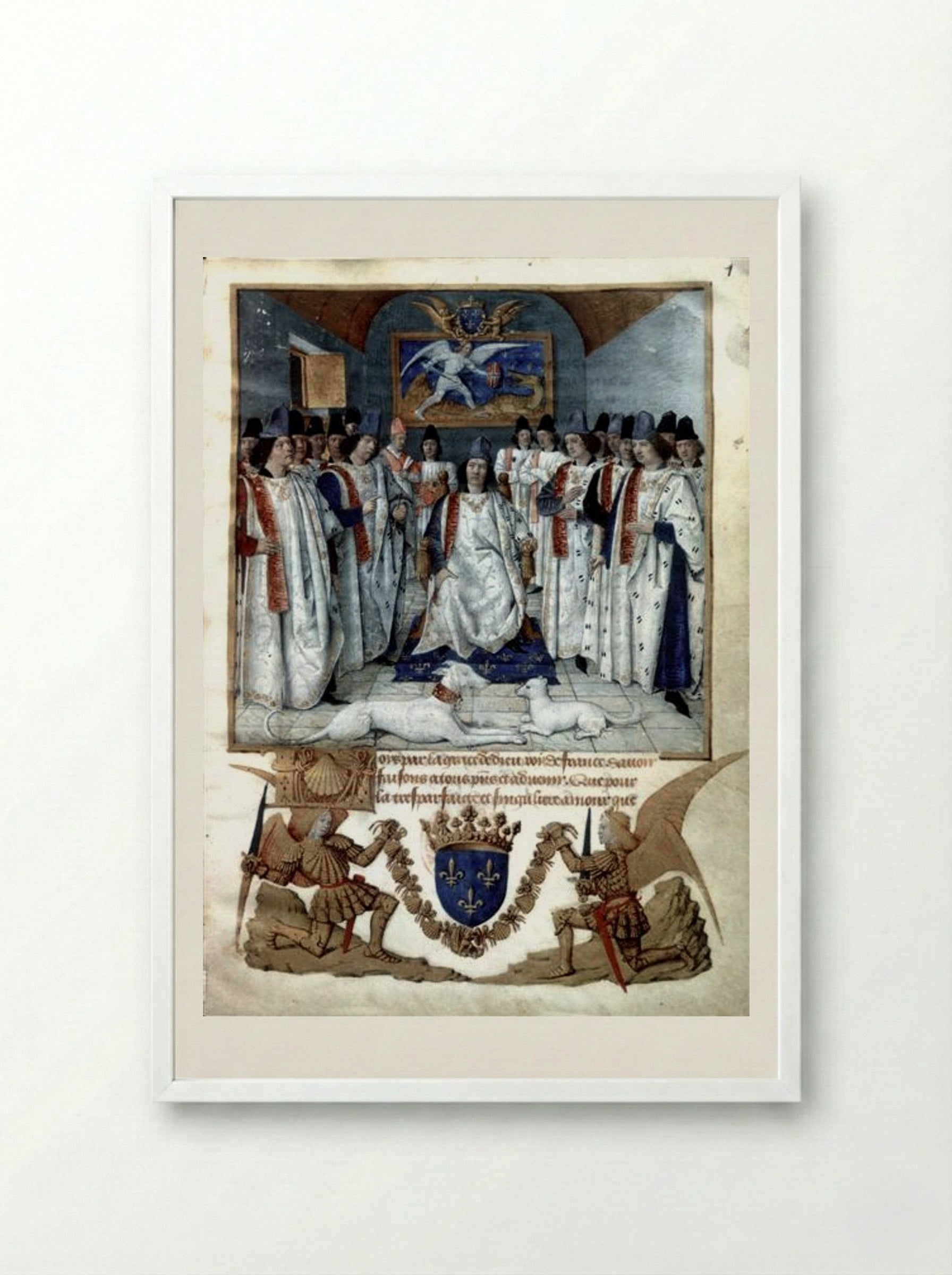 Louis XI presiding over the Chapter of the Order of Saint Michael - Jean Fouquet - Framed Print White