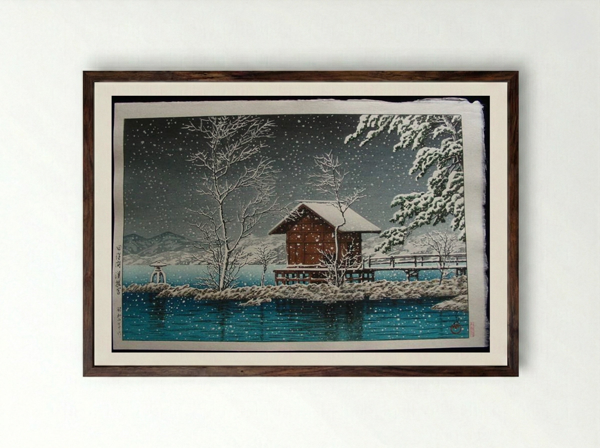 Kansau Shrine in Snow at Lake Tazawa - Hasui Kawase - Framed Print Dark Wood