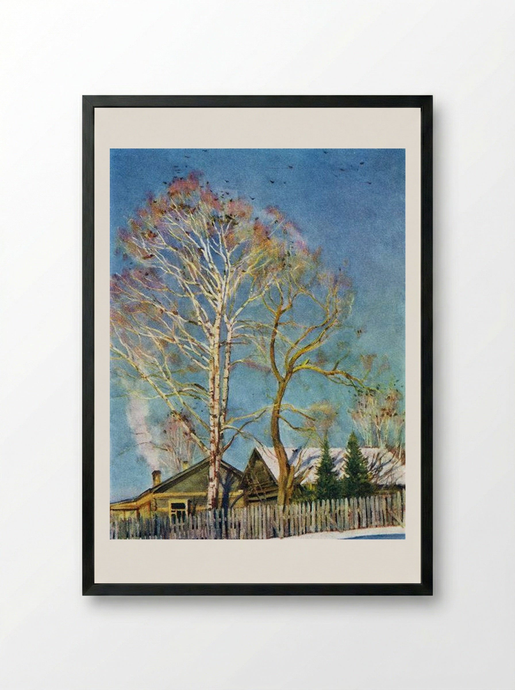 Blue Morning. Rooks on the Birches. Ligachevo - Konstantin Yuon - Framed Print Black