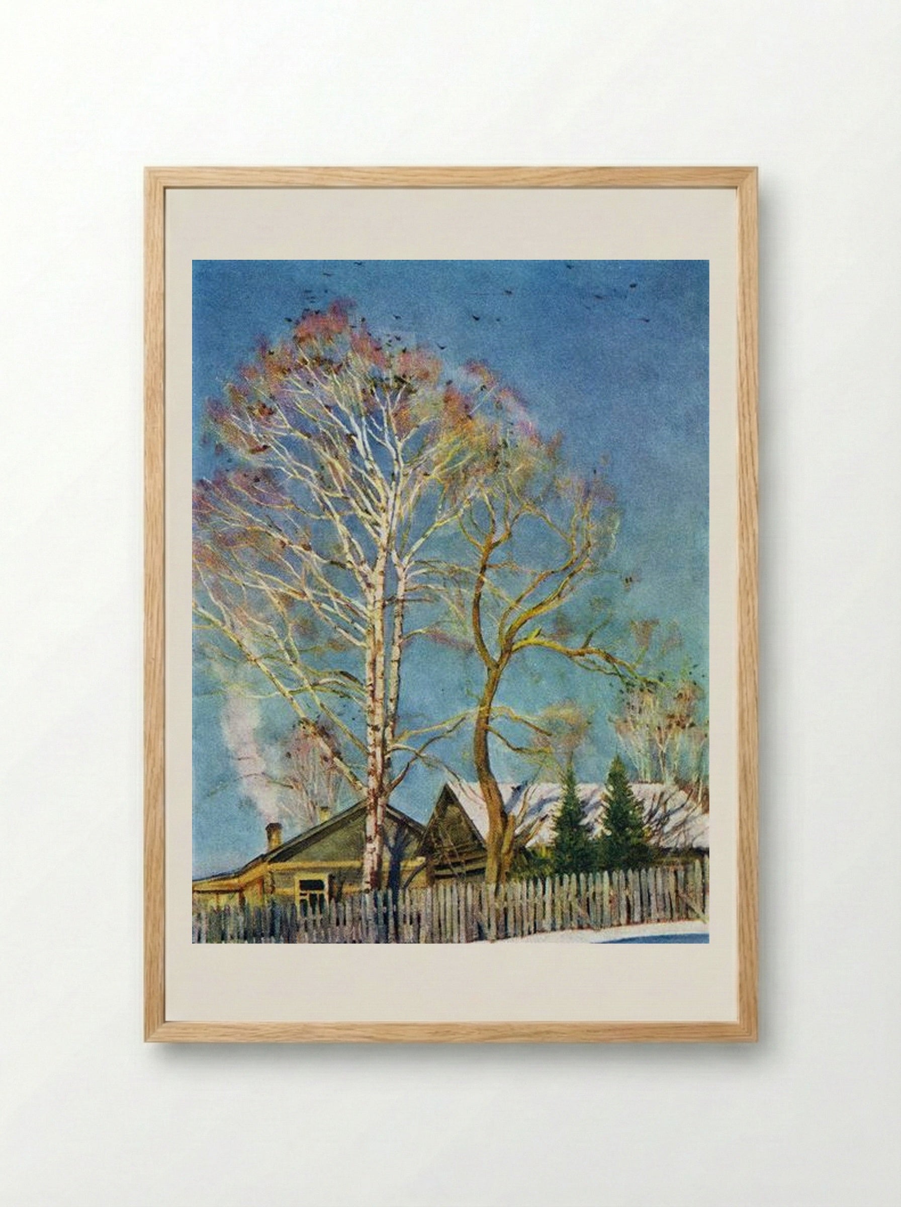 Blue Morning. Rooks on the Birches. Ligachevo - Konstantin Yuon - Framed Print Wood