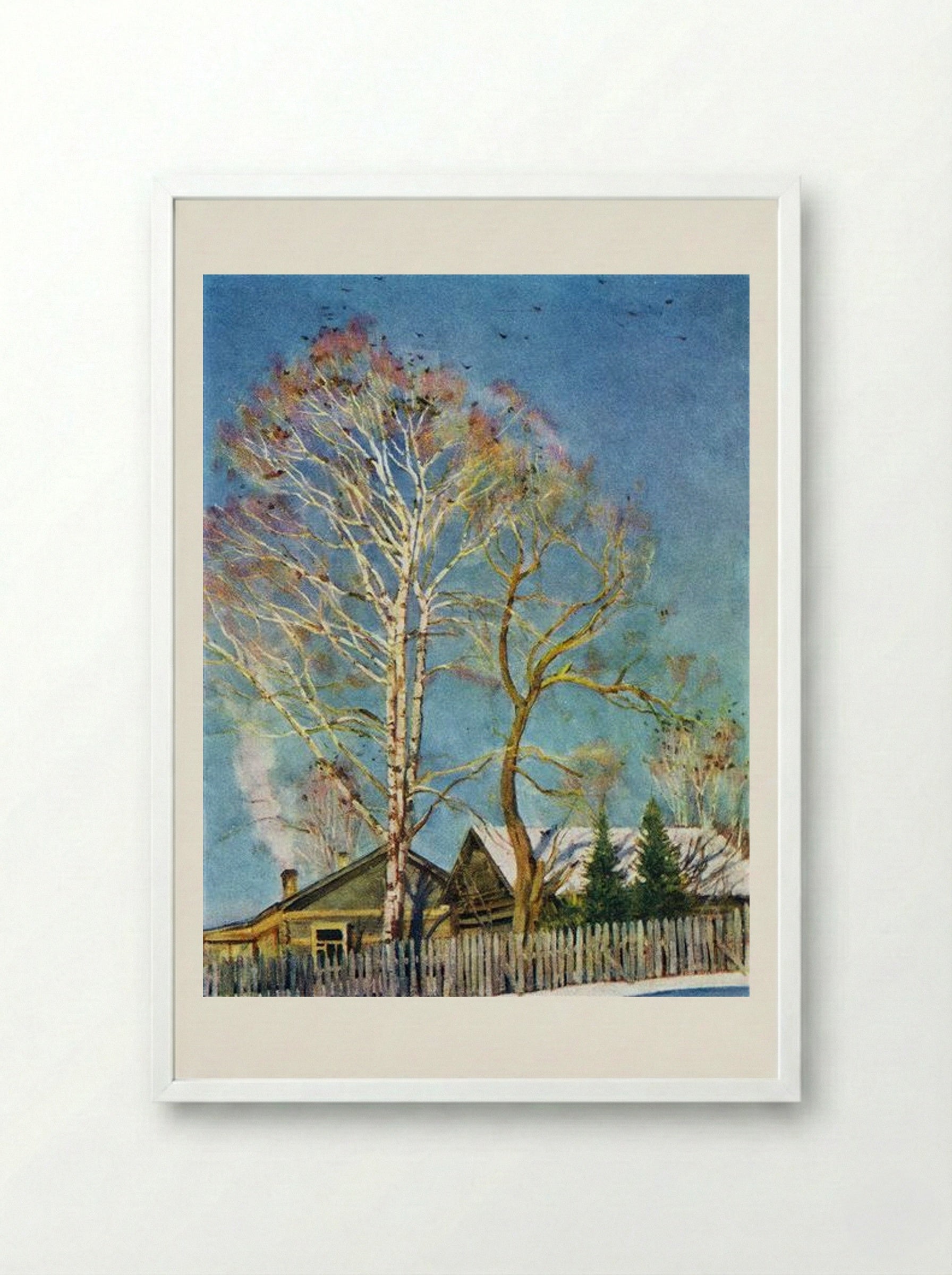 Blue Morning. Rooks on the Birches. Ligachevo - Konstantin Yuon - Framed Print White