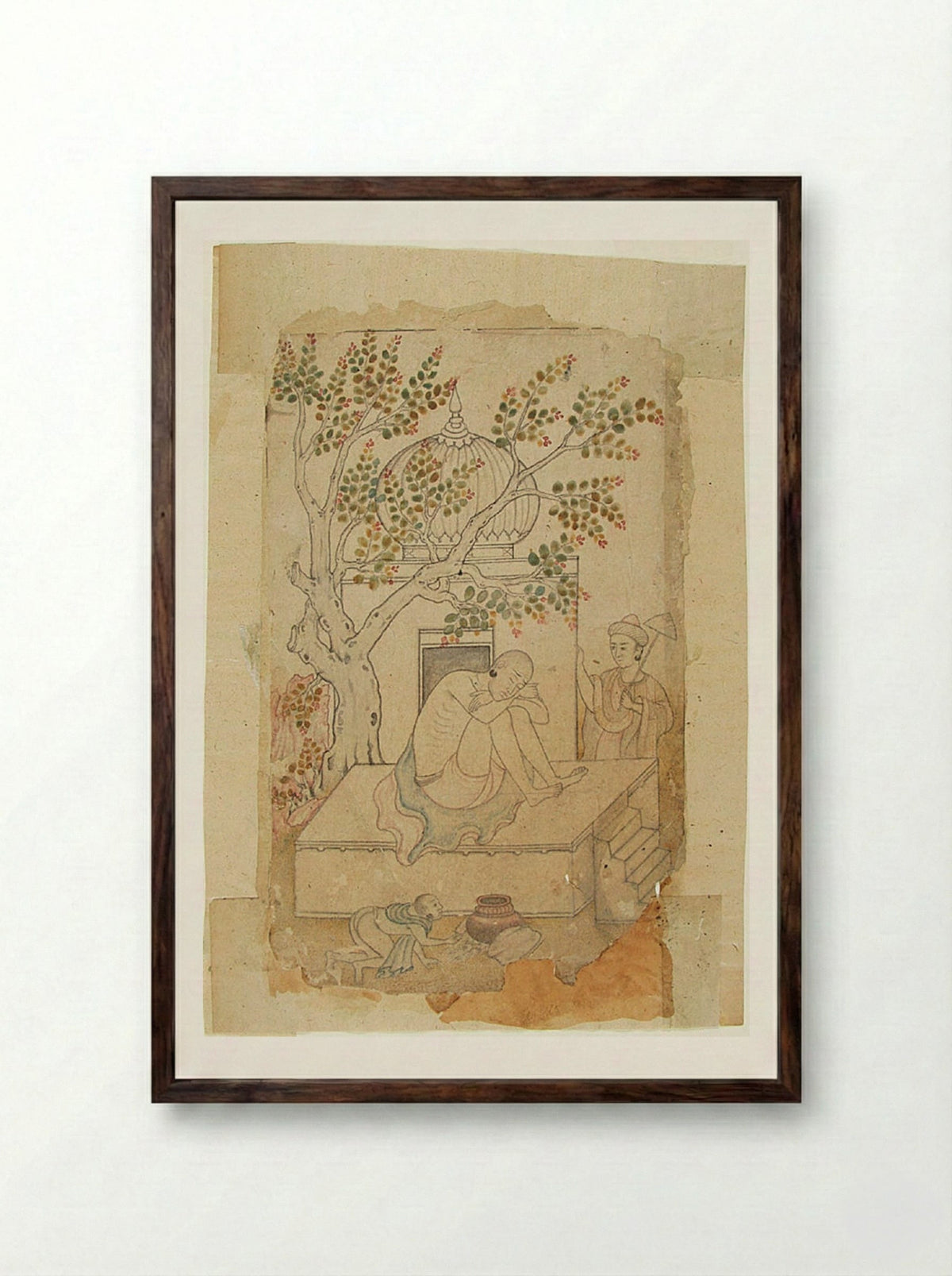 A Holy Man Meditates (Shrine with Sleeping Ascetic) - Daswanth - Framed Print Dark Wood