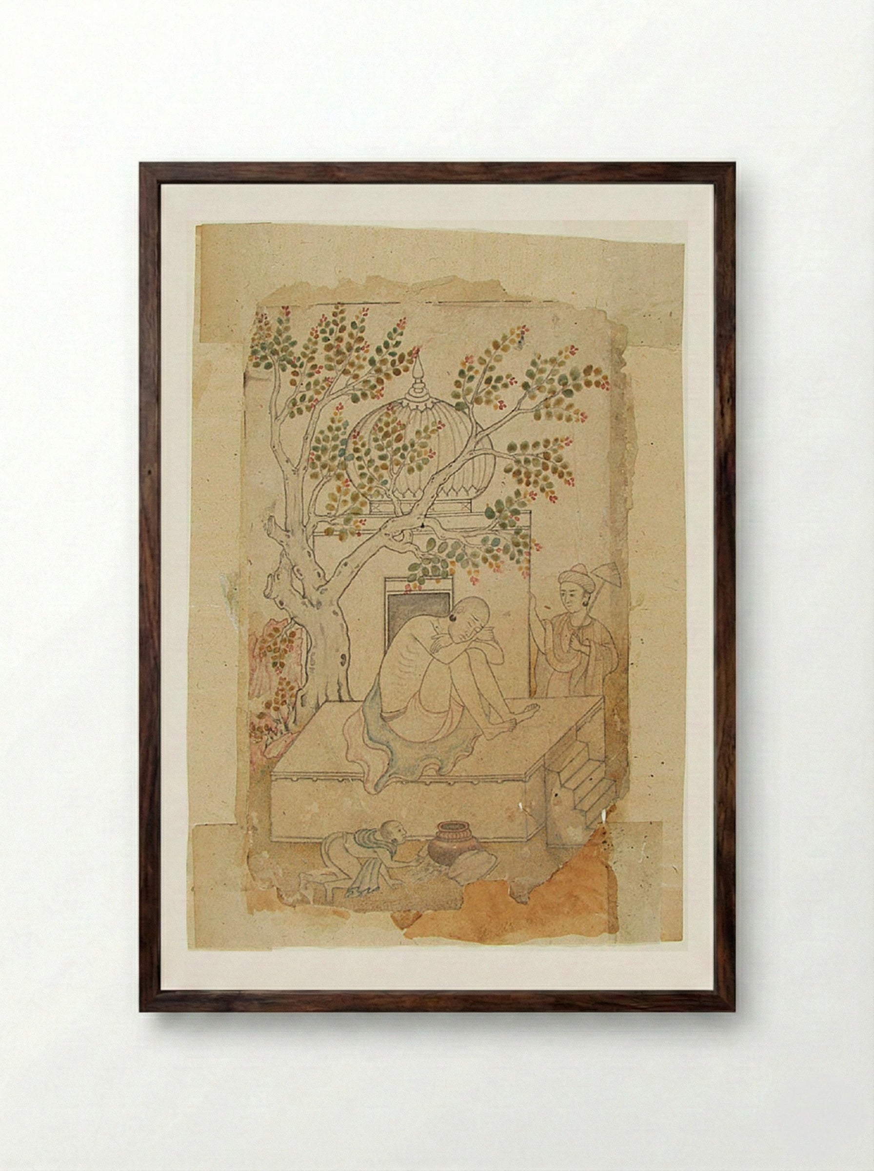 A Holy Man Meditates (Shrine with Sleeping Ascetic) - Daswanth - Framed Print Dark Wood