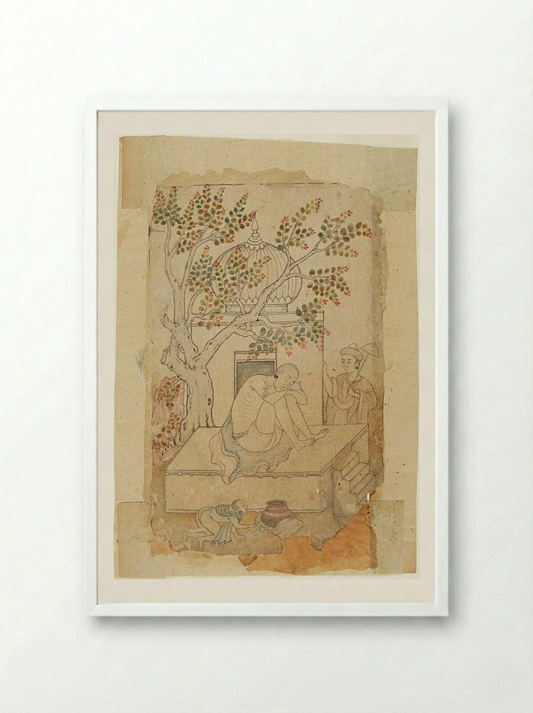 A Holy Man Meditates (Shrine with Sleeping Ascetic) - Daswanth - Framed Print White