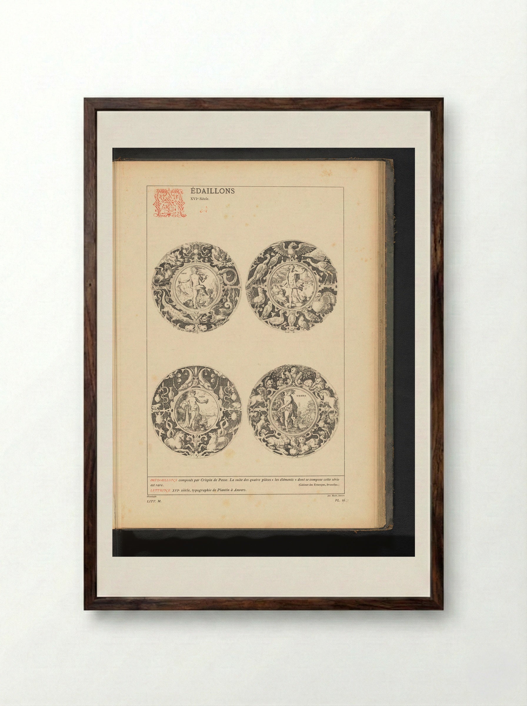 The Four Elements (Medallion Series) - Crispijn van de Passe (I) - Framed Print Dark Wood