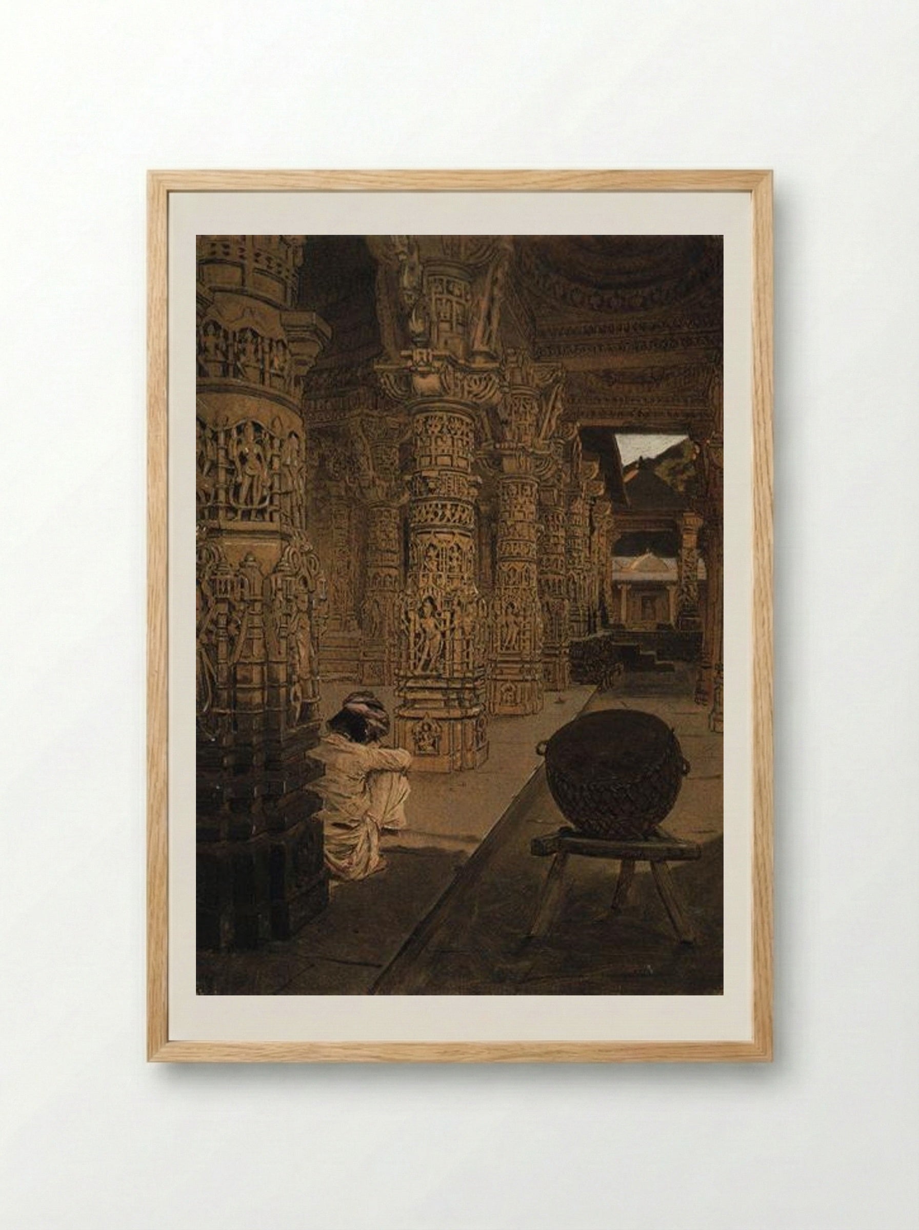 The Colonnade in the Jain Temple at Mount Abu in the Evening - Vasily Vereshchagin - Framed Print Wood