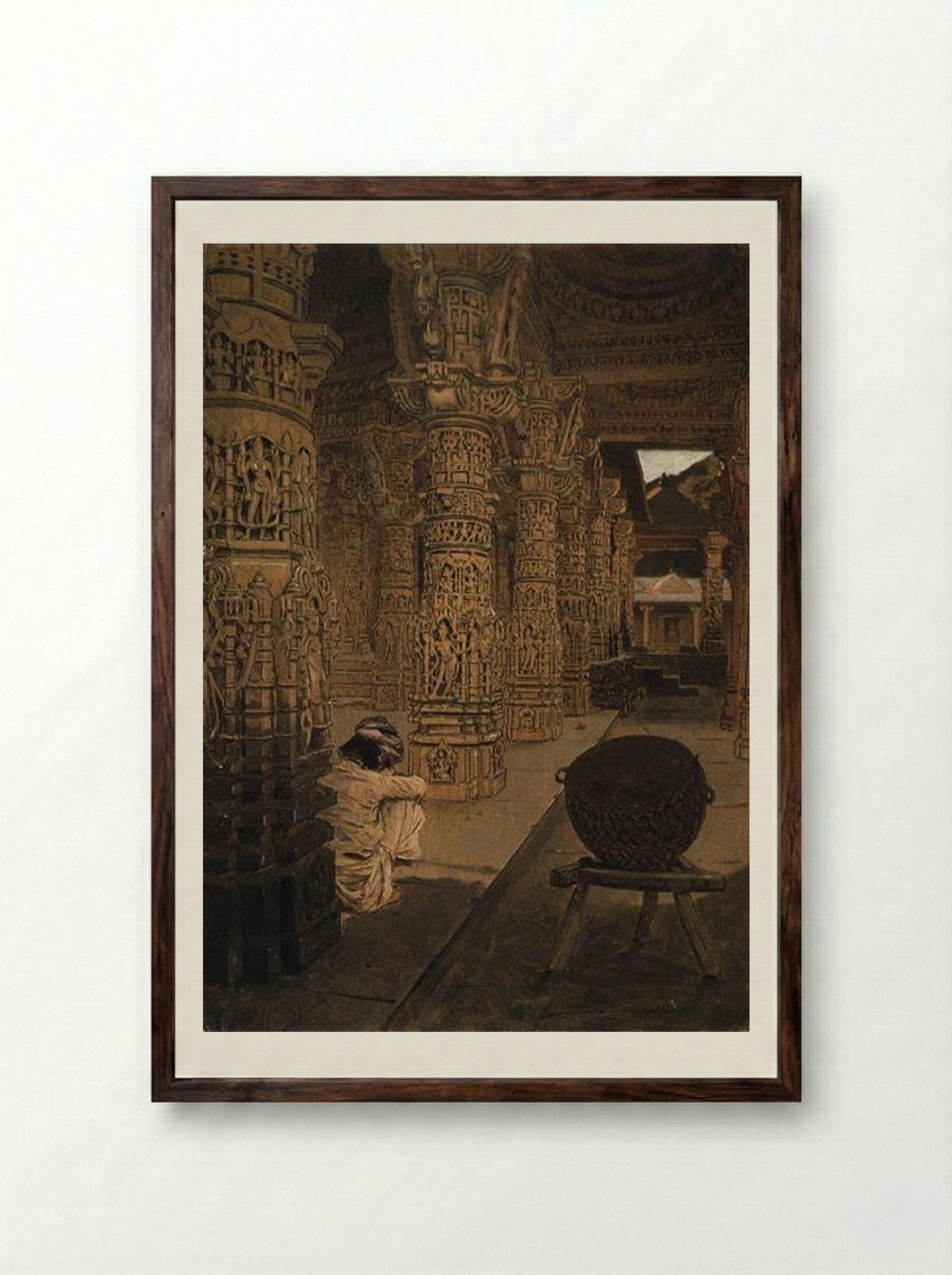 The Colonnade in the Jain Temple at Mount Abu in the Evening - Vasily Vereshchagin - Framed Print Dark Wood