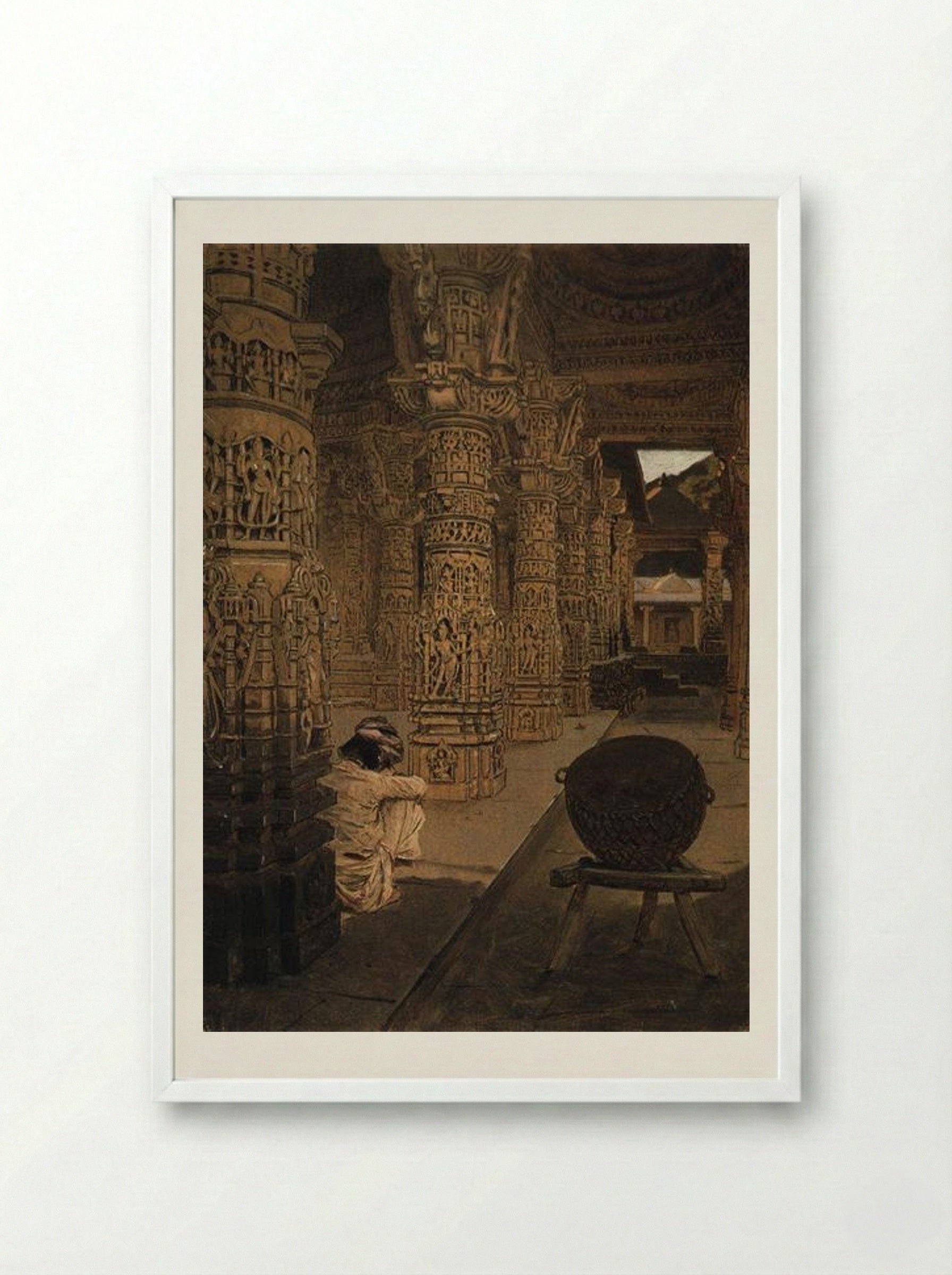 The Colonnade in the Jain Temple at Mount Abu in the Evening - Vasily Vereshchagin - Framed Print White