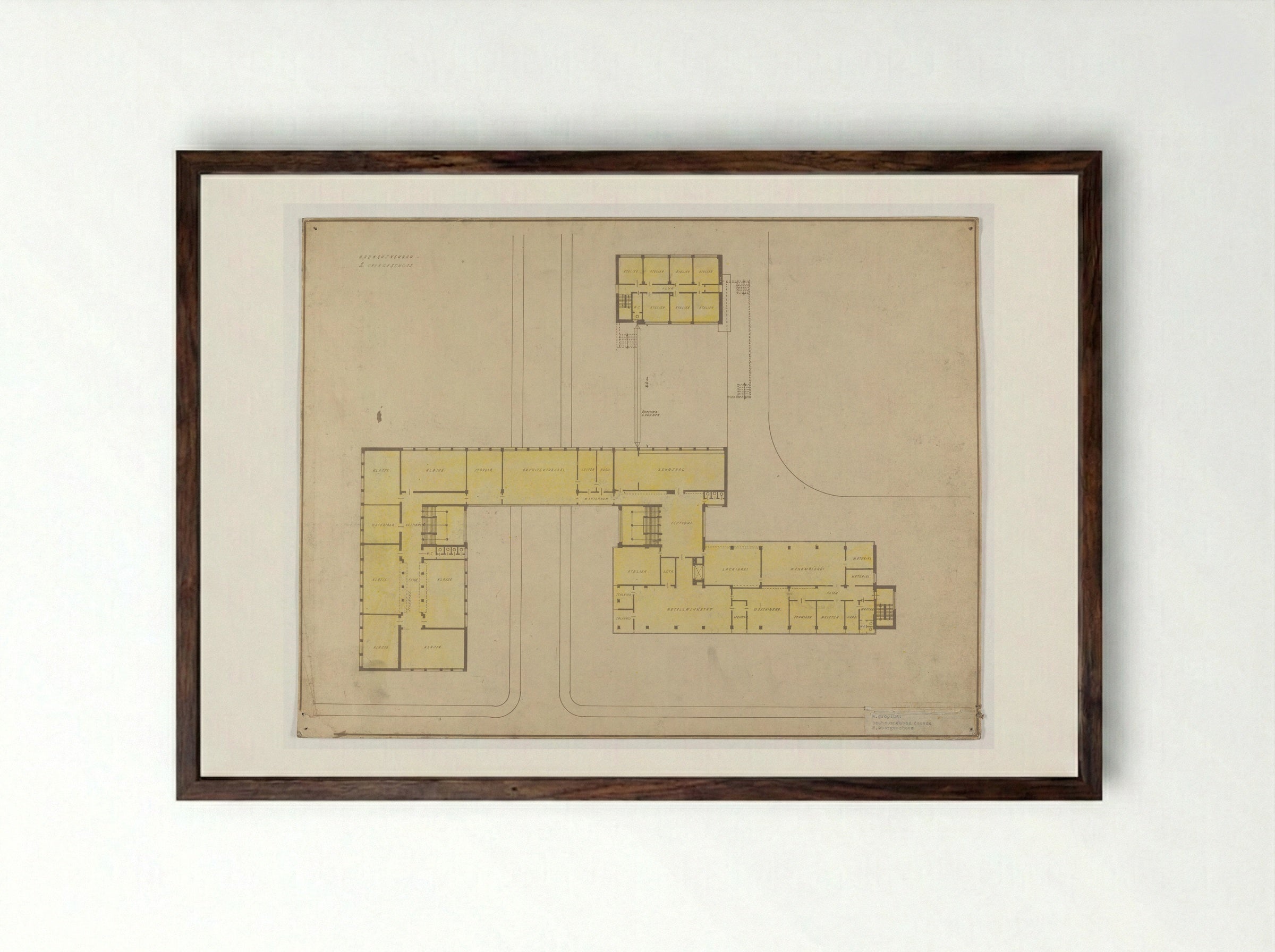Bauhaus Building, Dessau: Second Floor Plan - Walter Gropius - Framed Print Dark Wood