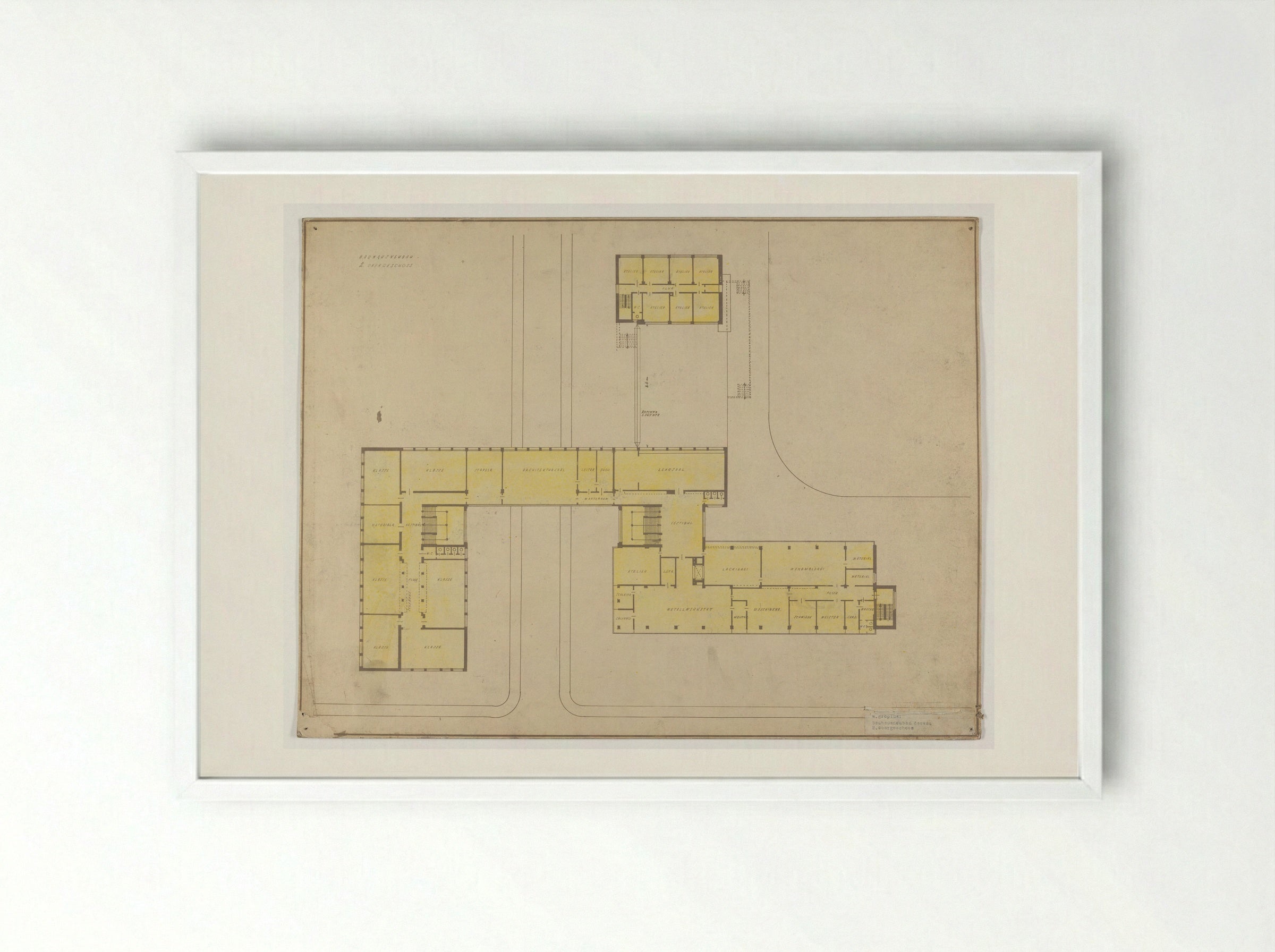 Bauhaus Building, Dessau: Second Floor Plan - Walter Gropius - Framed Print White