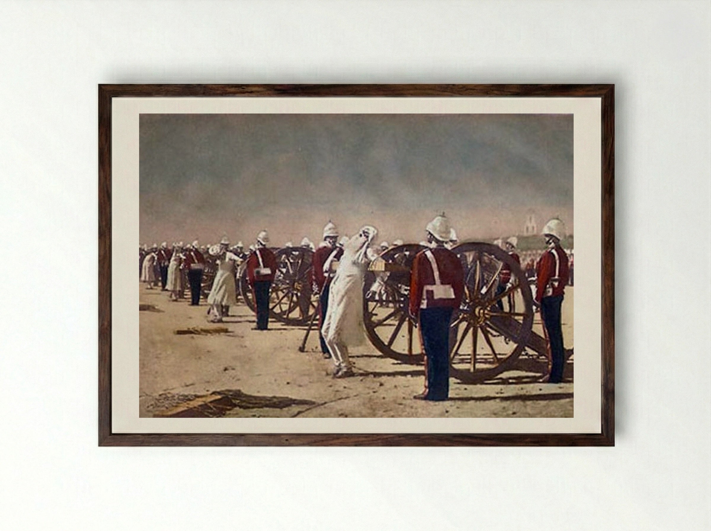 Blowing from Guns in British India - Vasily Vereshchagin - Framed Print Dark Wood