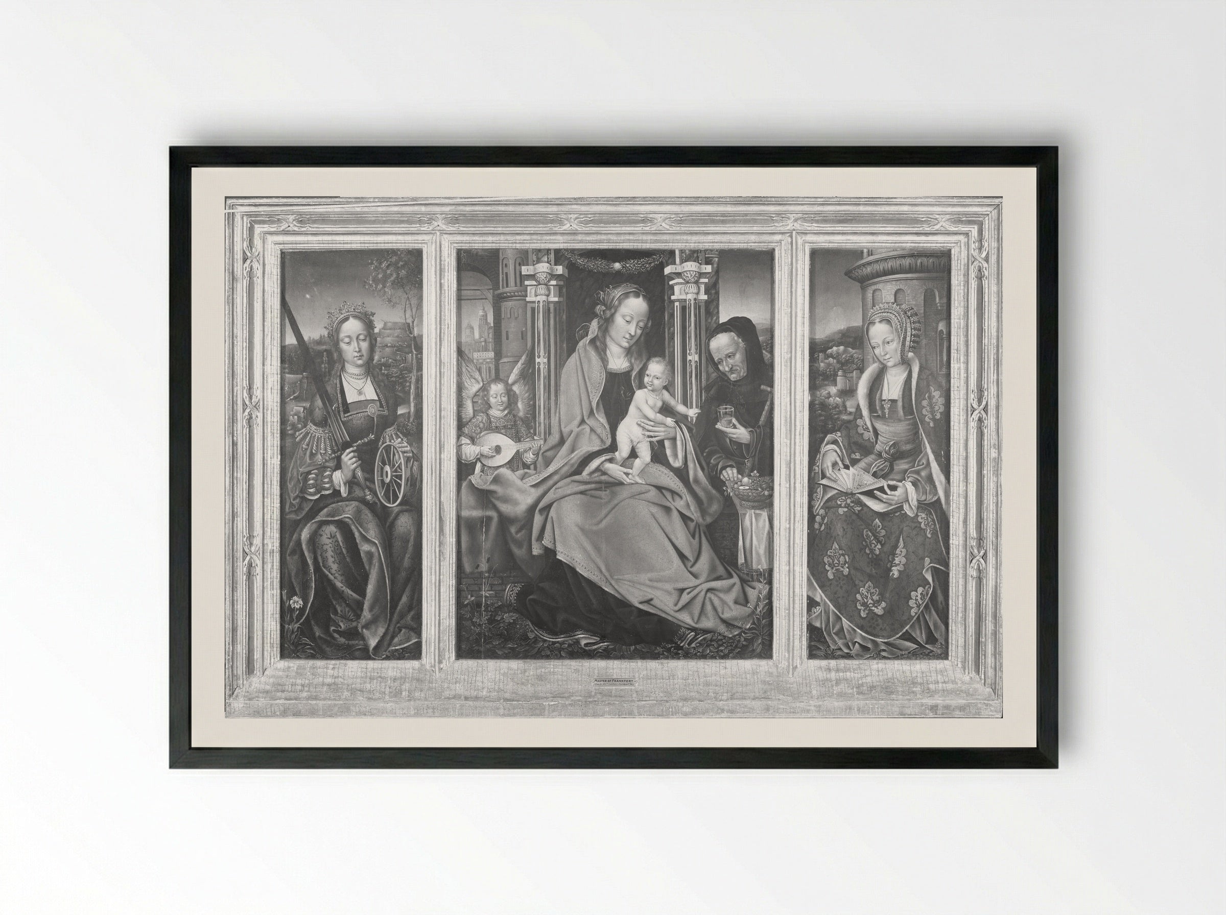 Triptych with the Virgin and Child, Saint Barbara, and Saint Catherine - Master of Frankfurt - Framed Print Black