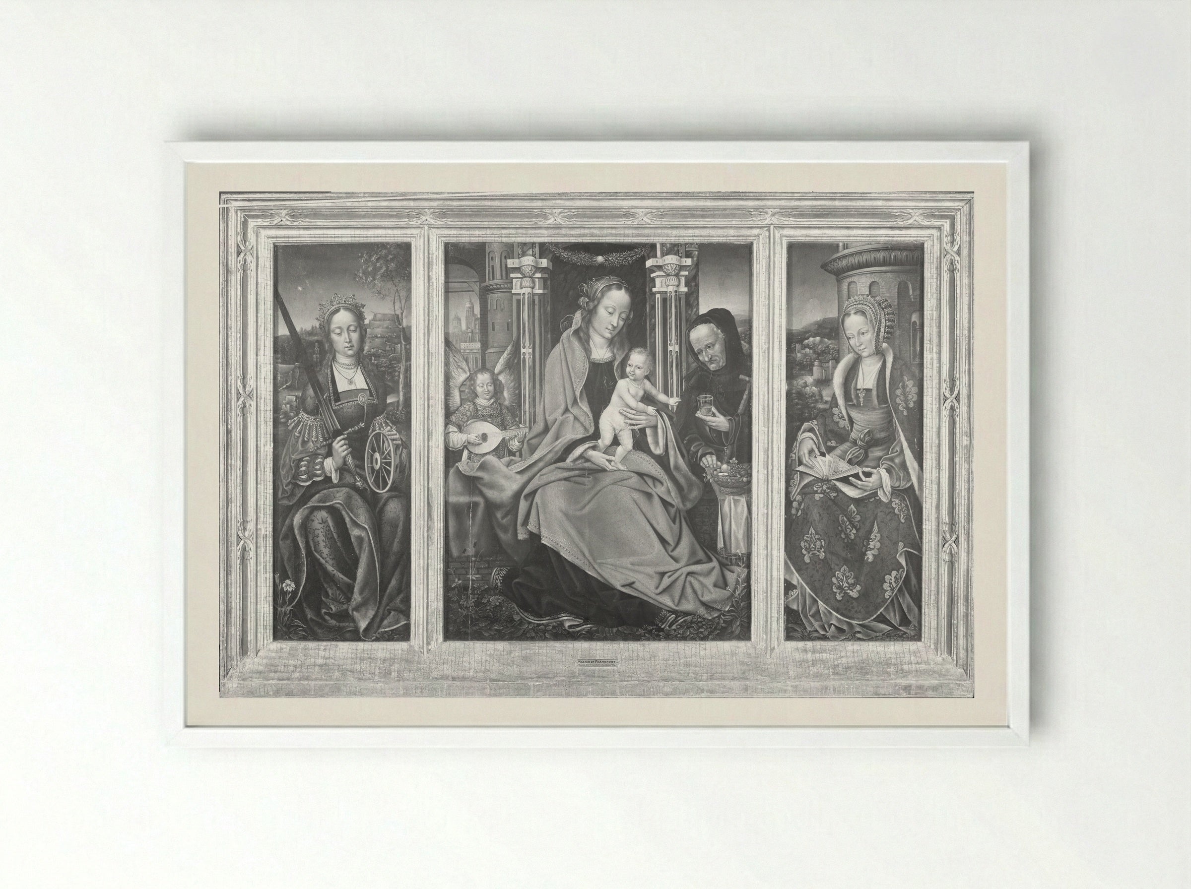 Triptych with the Virgin and Child, Saint Barbara, and Saint Catherine - Master of Frankfurt - Framed Print White