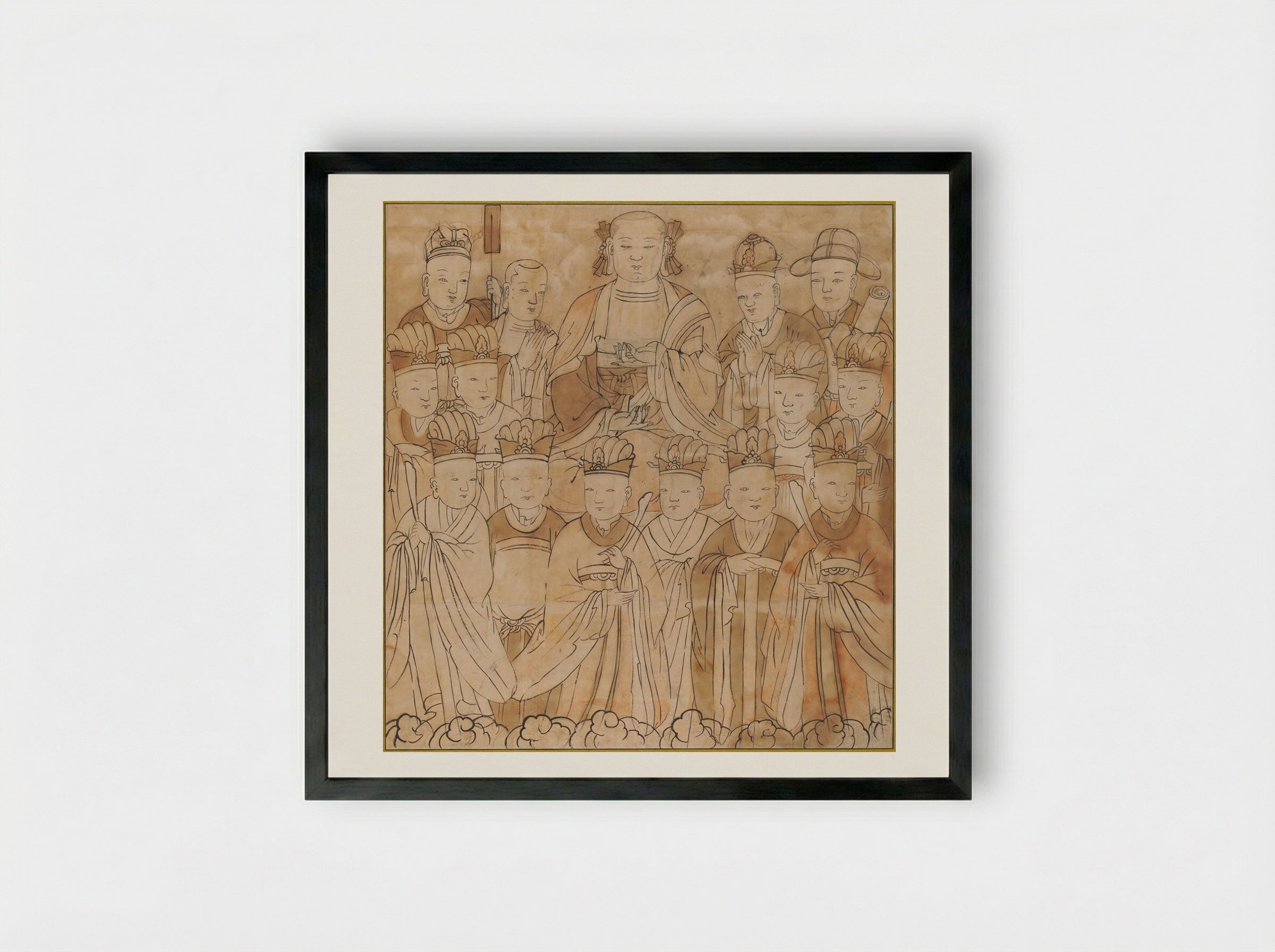 Seated Chijang Posal Flanked by the Ten Kings of Hell, Monk Tomyŏng, and Three Officials - Unknown Artist - Framed Print Black