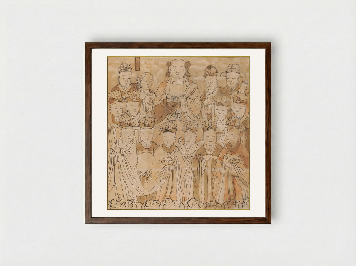 Seated Chijang Posal Flanked by the Ten Kings of Hell, Monk Tomyŏng, and Three Officials - Unknown Artist - Framed Print Dark Wood
