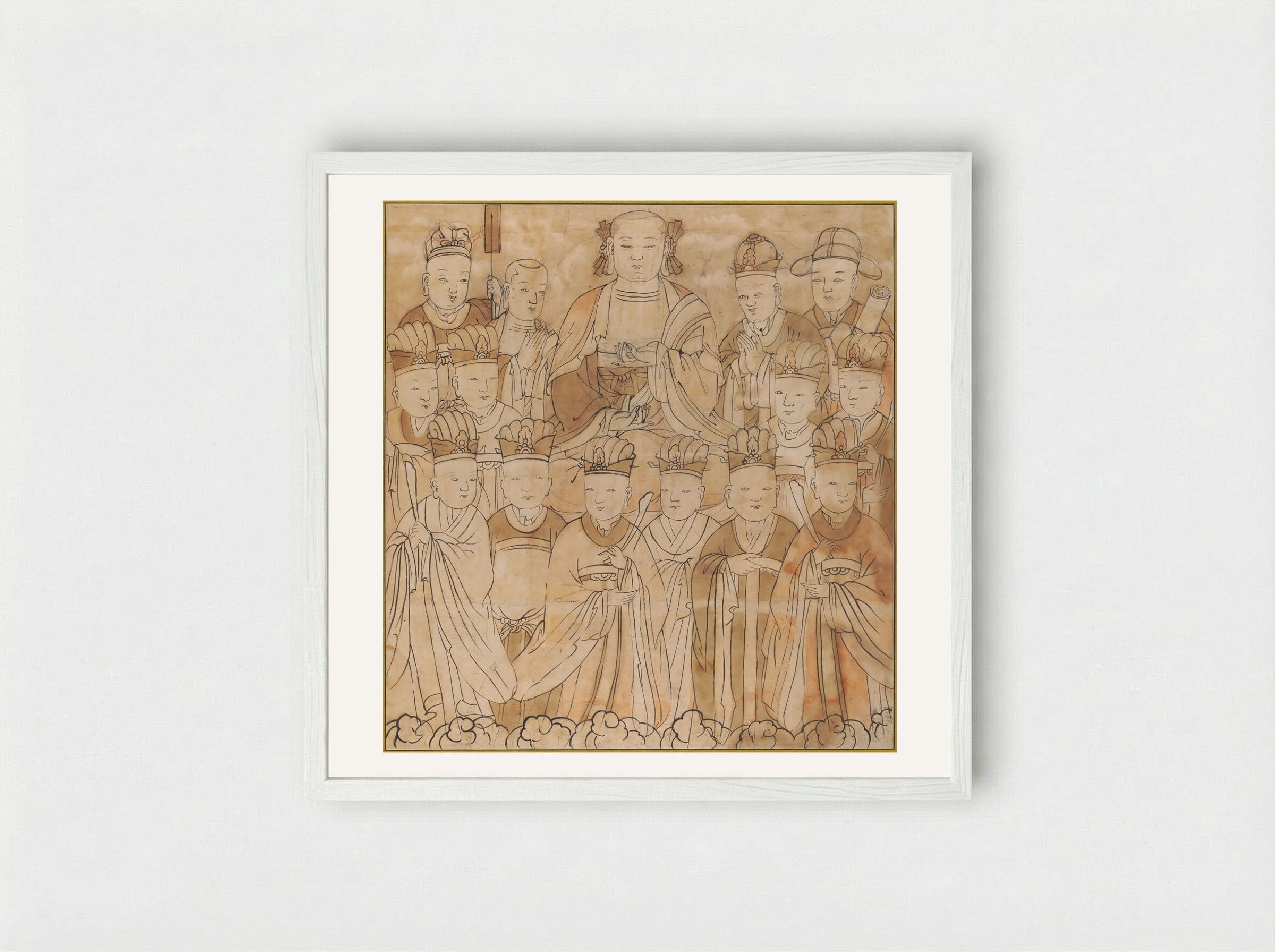 Seated Chijang Posal Flanked by the Ten Kings of Hell, Monk Tomyŏng, and Three Officials - Unknown Artist - Framed Print White