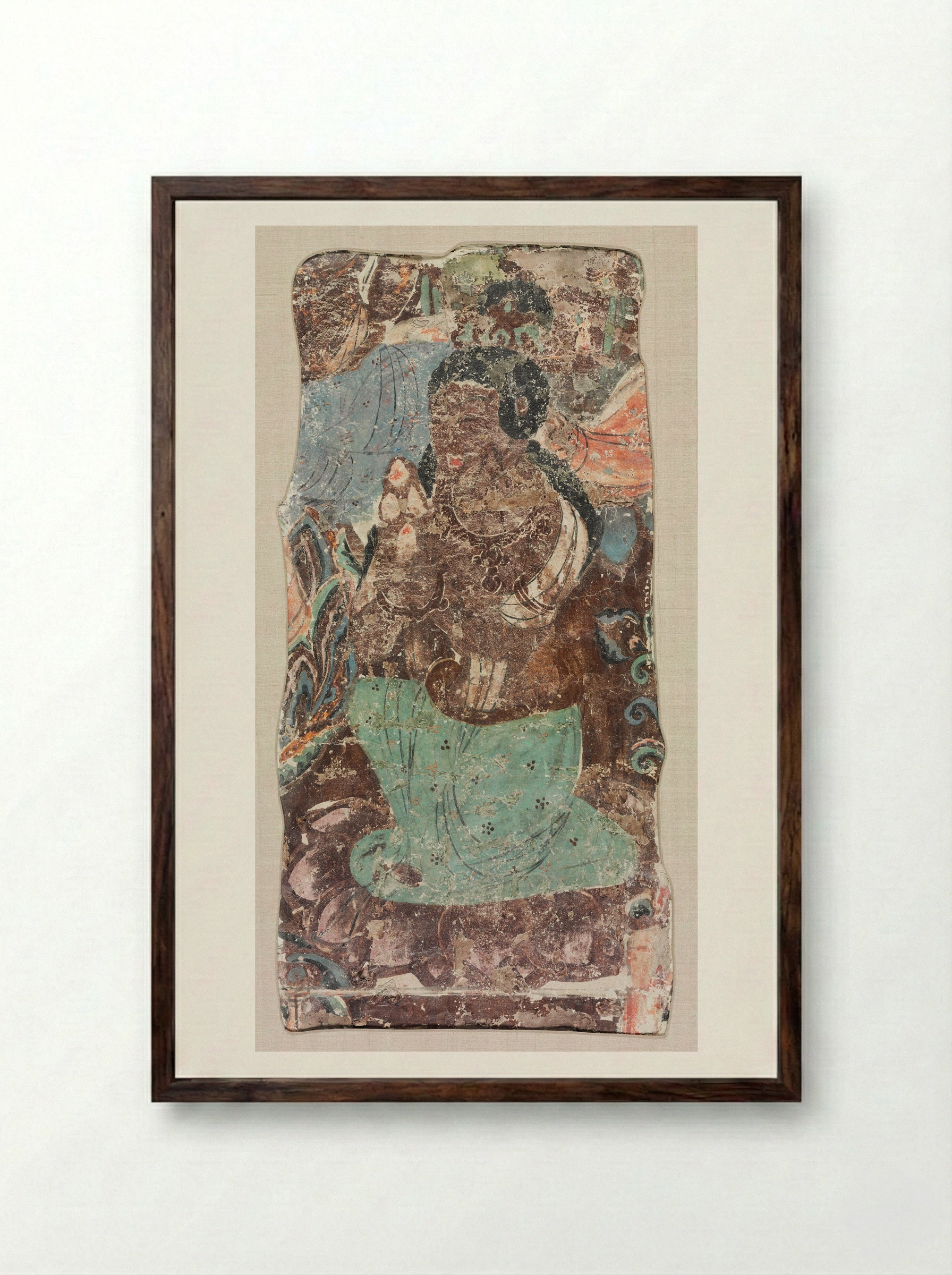 Kneeling Attendant Holding a Triple Jewel - Unknown Artist - Framed Print Dark Wood