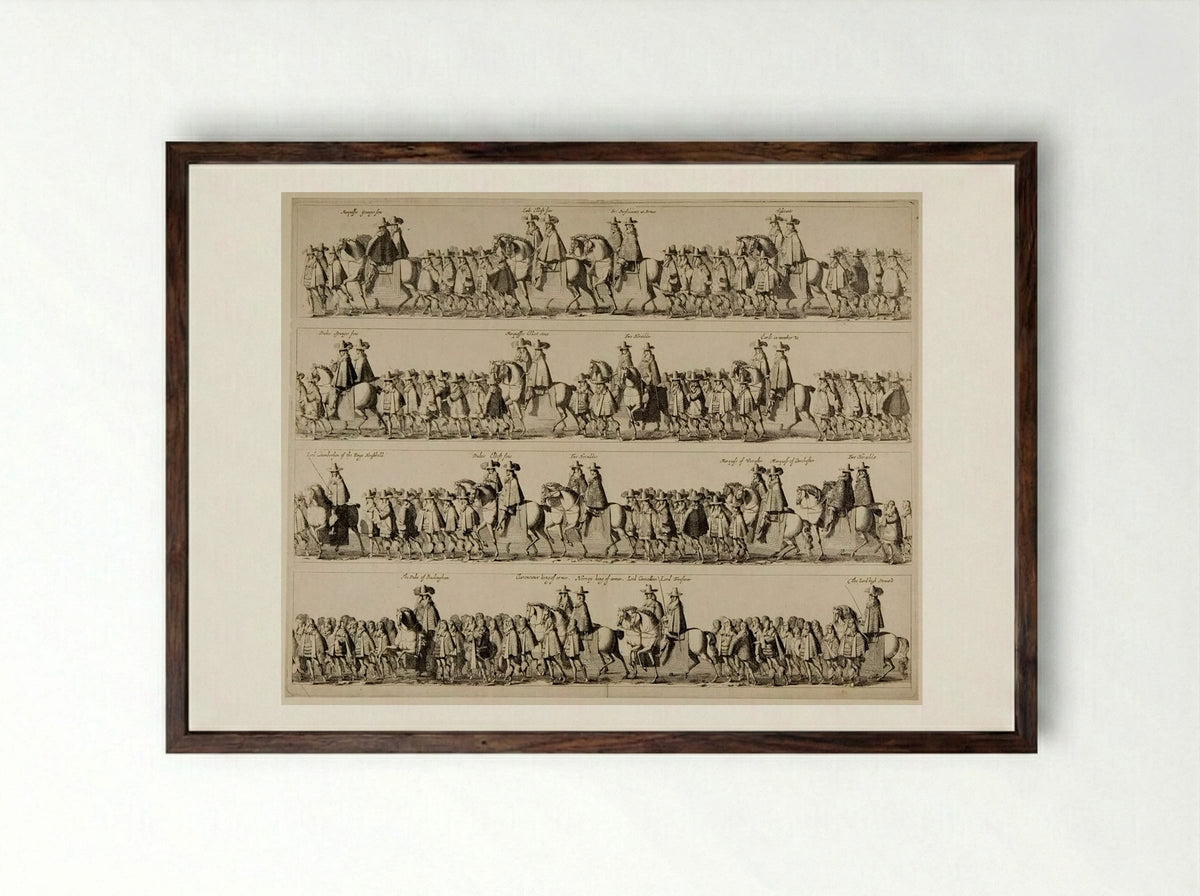 Coronation Procession of Charles II through London - Fine Art Print - Framed Print Dark Wood